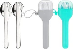 Sophico Travel Utensils Set for Camping and Kids Lunch Box, Stainless Steel Fork and Spoon, Knife Silverware Flatware Sets with Silicone Case - Portable & Leak-proof (Mint & Grey, 2 Set)