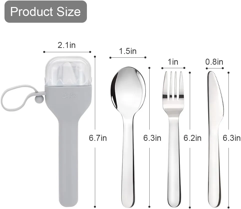 Sophico Travel Utensils Set for Camping and Kids Lunch Box, Stainless Steel Fork and Spoon, Knife Silverware Flatware Sets with Silicone Case - Portable & Leak-proof (Mint & Grey, 2 Set)