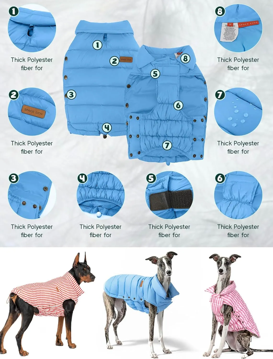 SPACE LION Puffer Jacket, Down Winter Coat, Waterproof, Windproof, Lightweight Jacket, Adjustable Fit for Small, Medium, Large Dogs (Blue, M)