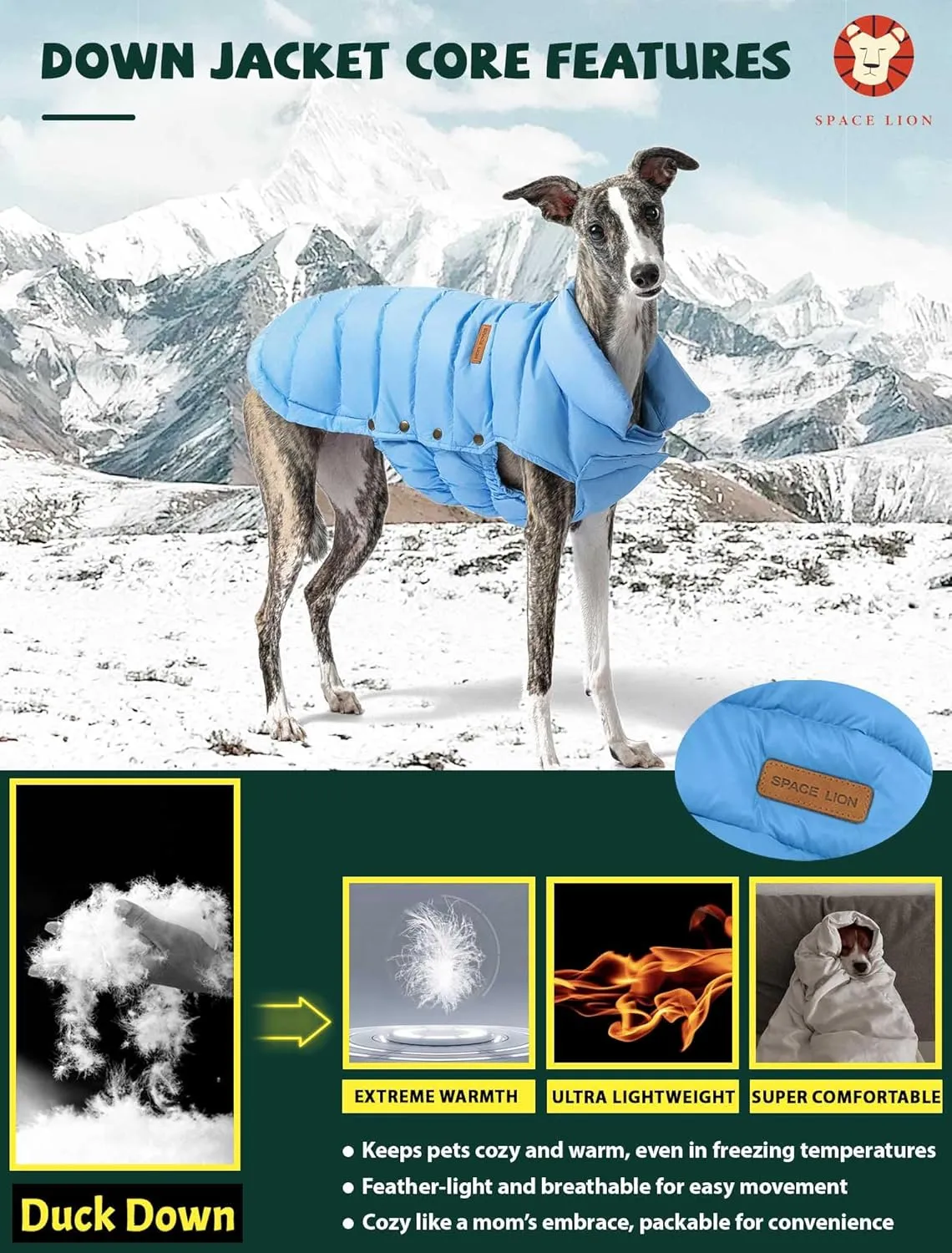 SPACE LION Puffer Jacket, Down Winter Coat, Waterproof, Windproof, Lightweight Jacket, Adjustable Fit for Small, Medium, Large Dogs (Blue, M)