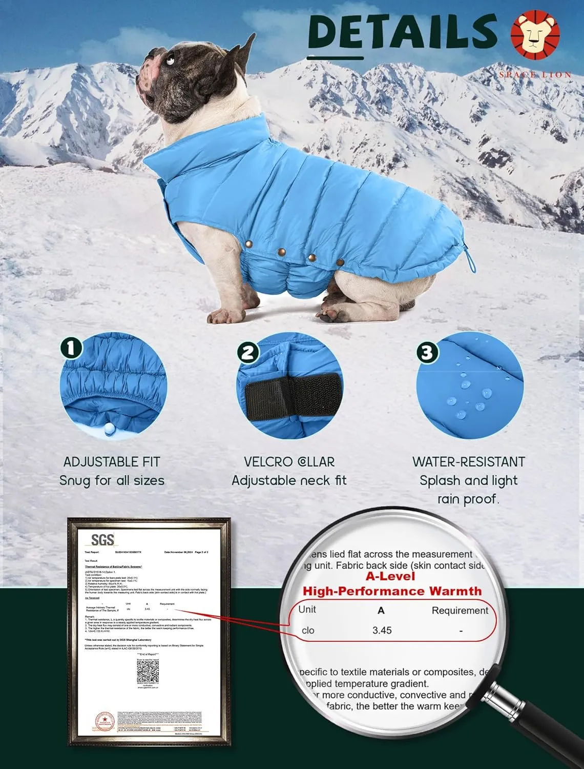 SPACE LION Puffer Jacket, Down Winter Coat, Waterproof, Windproof, Lightweight Jacket, Adjustable Fit for Small, Medium, Large Dogs (Blue, M)