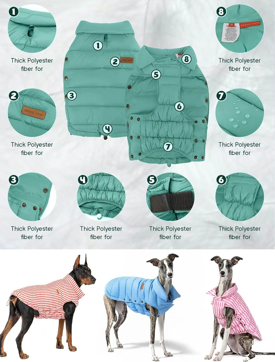 SPACE LION Puffer Jacket, Down Winter Coat, Waterproof, Windproof, Lightweight Jacket, Adjustable Fit for Small, Medium, Large Dogs (Green, XL)