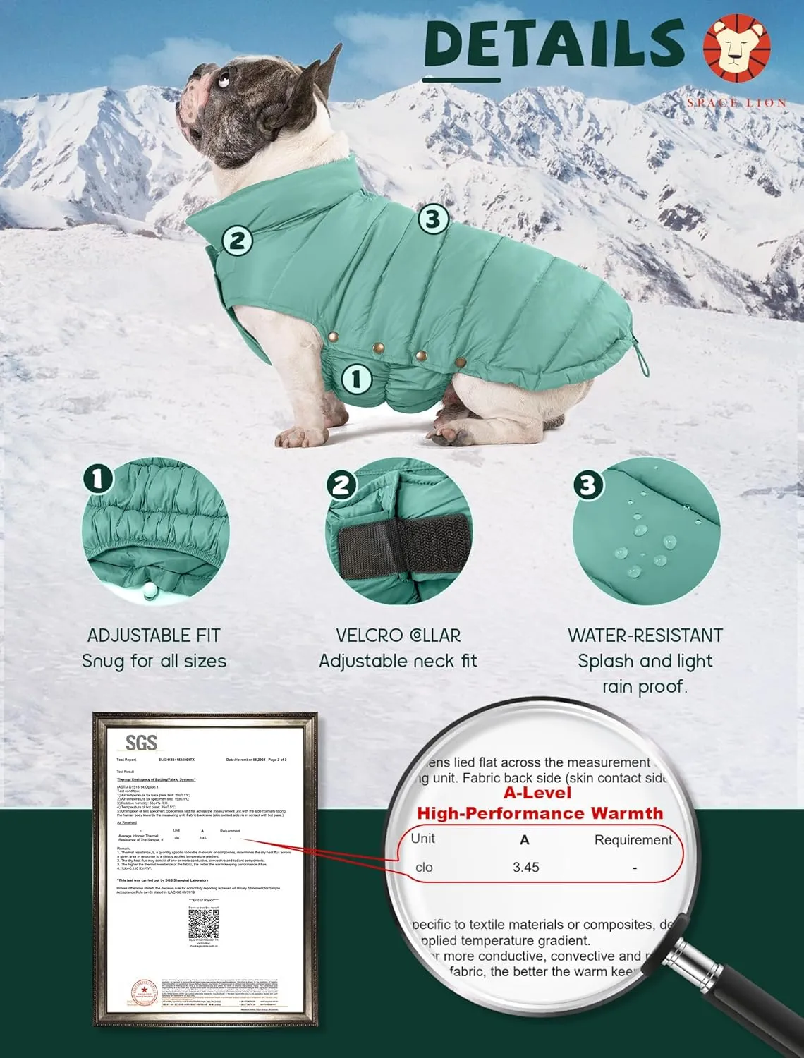 SPACE LION Puffer Jacket, Down Winter Coat, Waterproof, Windproof, Lightweight Jacket, Adjustable Fit for Small, Medium, Large Dogs (Green, XL)
