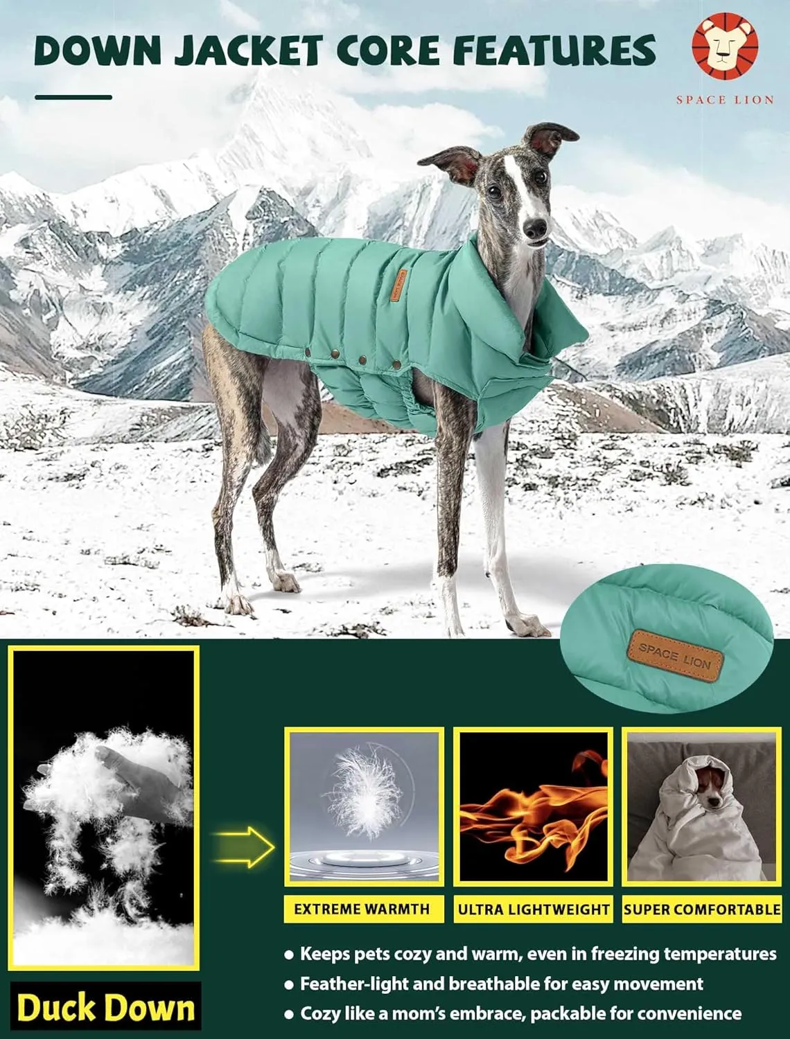 SPACE LION Puffer Jacket, Down Winter Coat, Waterproof, Windproof, Lightweight Jacket, Adjustable Fit for Small, Medium, Large Dogs (Green, XL)