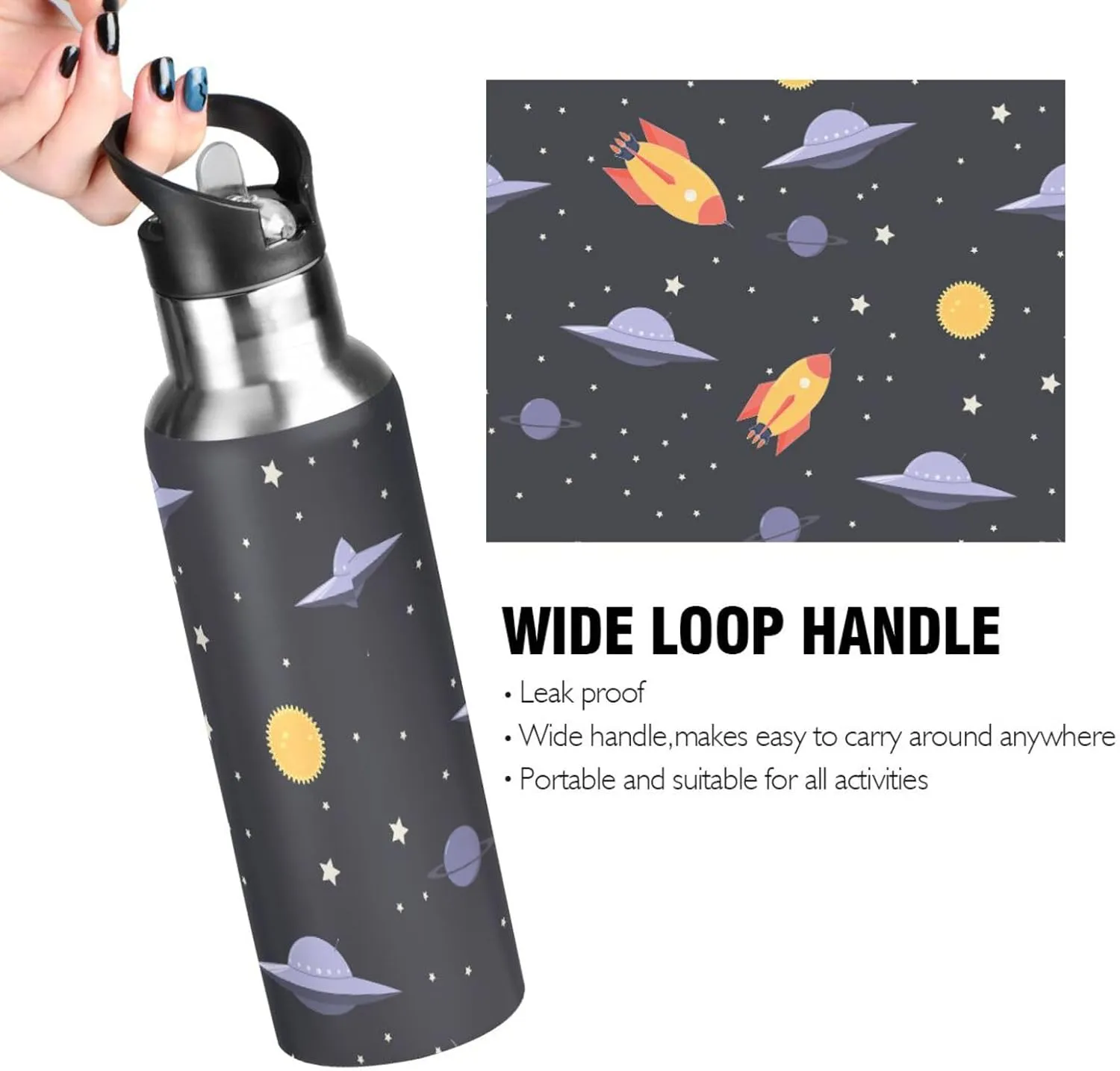 Space ＆ Rocket Sports Water Bottle, Double Wall Vacuum Insulated Stainless Steel Water Bottle with Straw Keeps Hot and Cold, Bike Running Sports Travel Gym 20oz