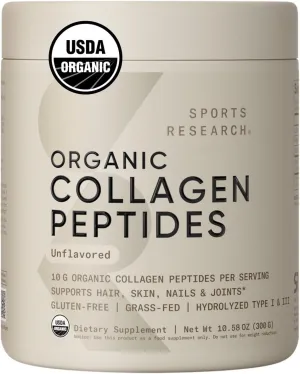 Sports Research® Organic Collagen Peptides - Hydrolyzed Type I & III Collagen Protein Powder Sustainably Sourced from Grass-Fed Bovine - Unflavored, Organic Certified & Gluten Free - 30 Servings