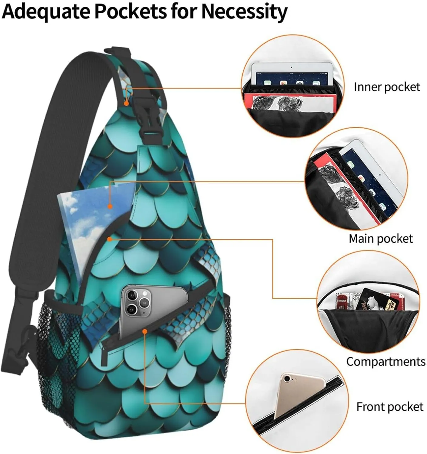 SSIMOO Mermaid Fish Scale Print Versatile Travel Hiking Backpack-Perfect For Outdoor Cycling,Chest Shoulder Bag