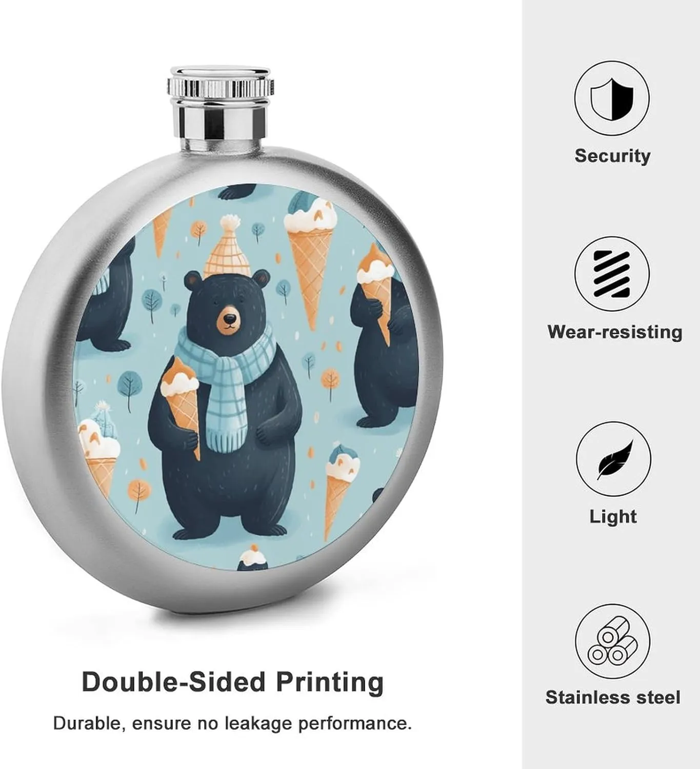 Stainless Steel Flasks for Liquor for Men Women,Winter Bear Ice Cream Print Round Small Hip Liquor Flask,Portable Cute Funny Wine Whiskey Flask for Gift Camping Outdoor Activitie Wedding Party,5oz
