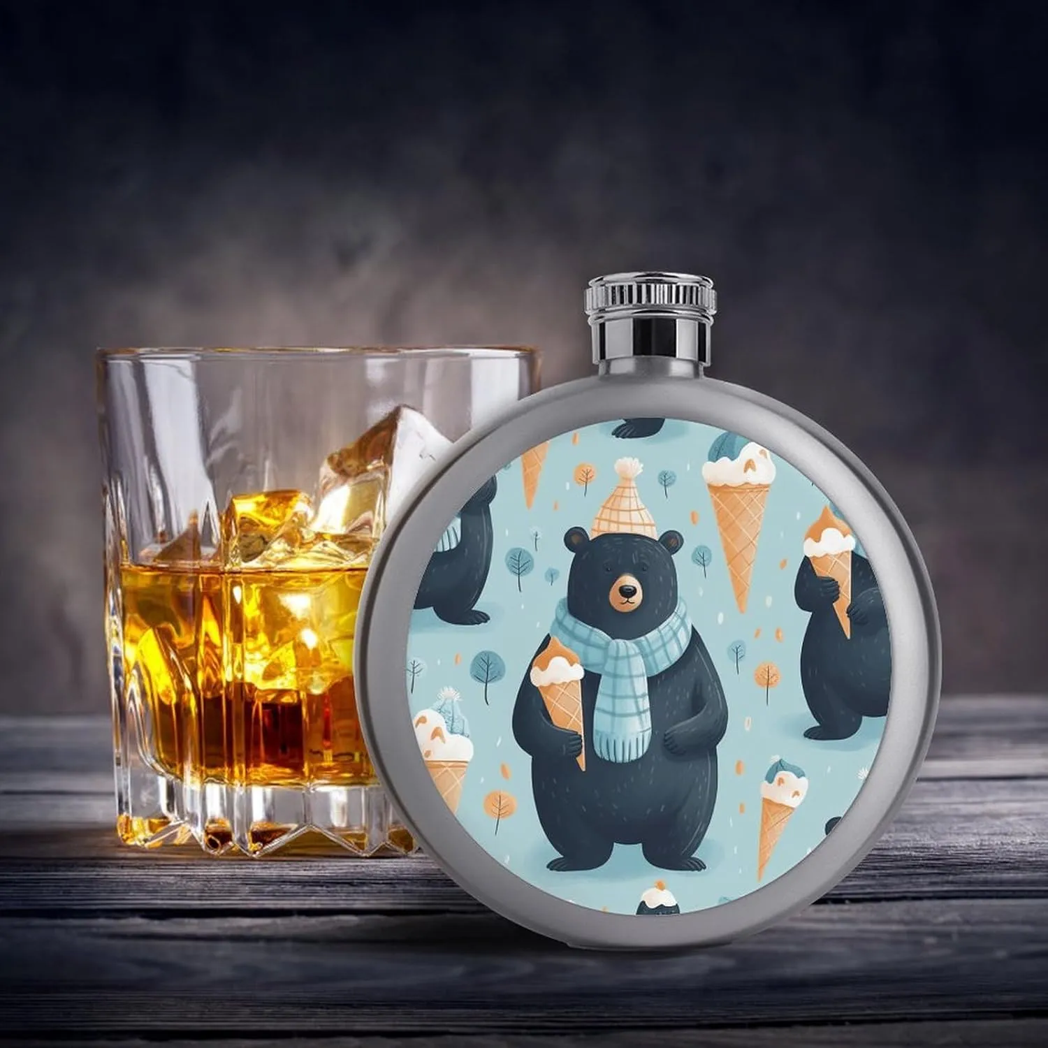 Stainless Steel Flasks for Liquor for Men Women,Winter Bear Ice Cream Print Round Small Hip Liquor Flask,Portable Cute Funny Wine Whiskey Flask for Gift Camping Outdoor Activitie Wedding Party,5oz