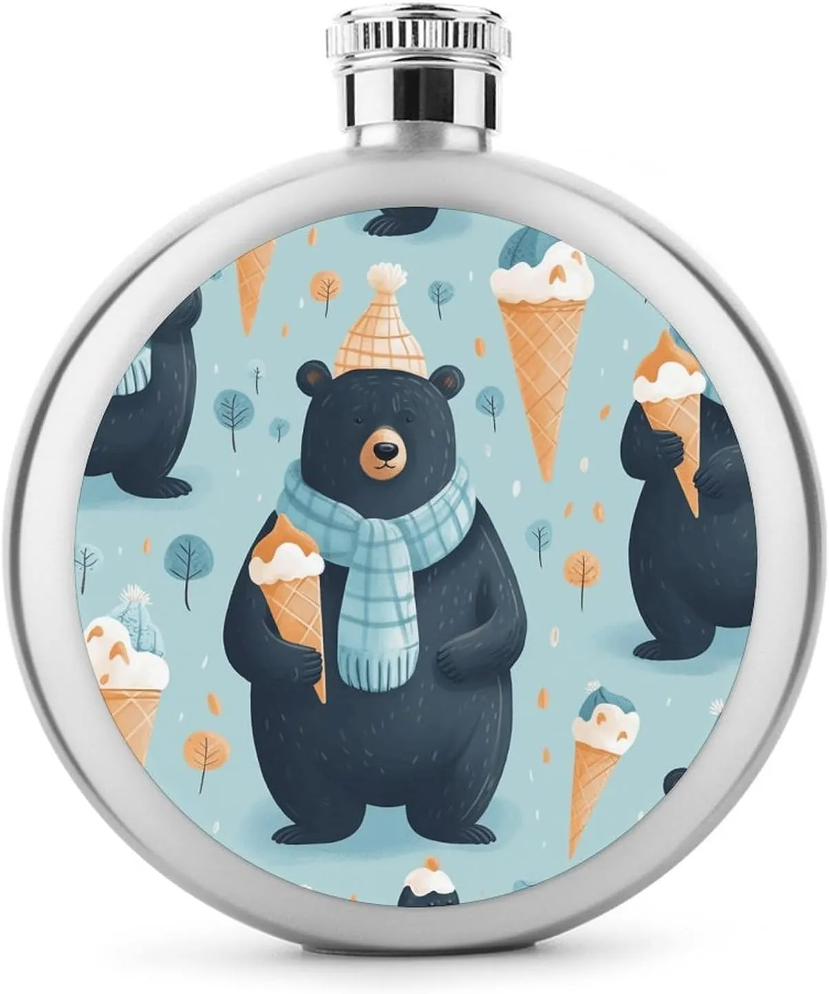Stainless Steel Flasks for Liquor for Men Women,Winter Bear Ice Cream Print Round Small Hip Liquor Flask,Portable Cute Funny Wine Whiskey Flask for Gift Camping Outdoor Activitie Wedding Party,5oz