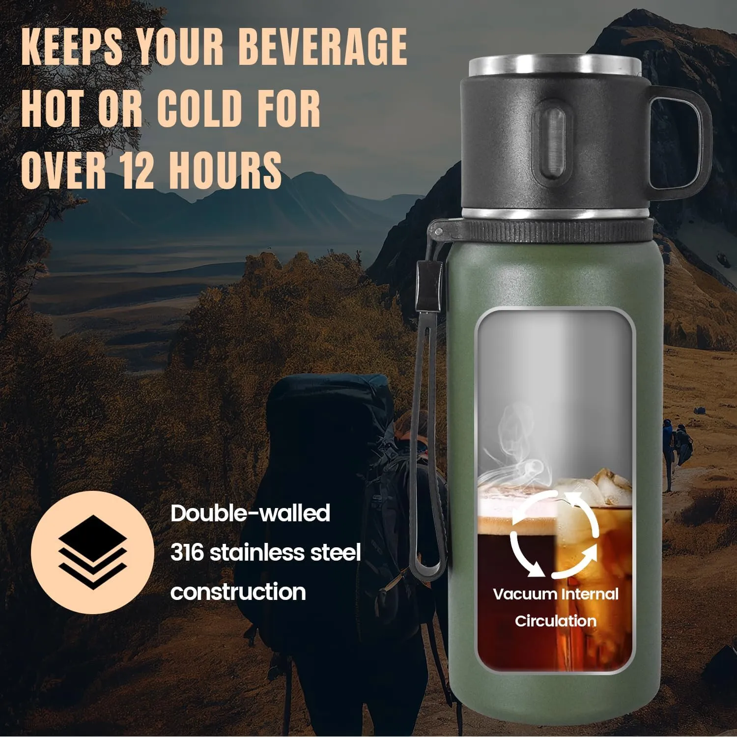 Stainless Steel Insulated Bottle, 27oz with cup Vacuum Insulated Water Bottle, Thermo for Hot Drinks/Cold Drinks,24-Hr Insulation Commute, Travel