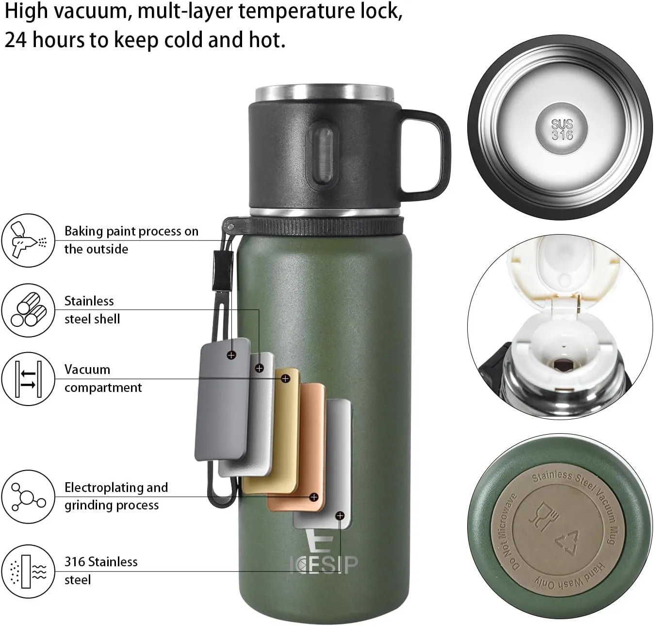 Stainless Steel Insulated Bottle, 27oz with cup Vacuum Insulated Water Bottle, Thermo for Hot Drinks/Cold Drinks,24-Hr Insulation Commute, Travel