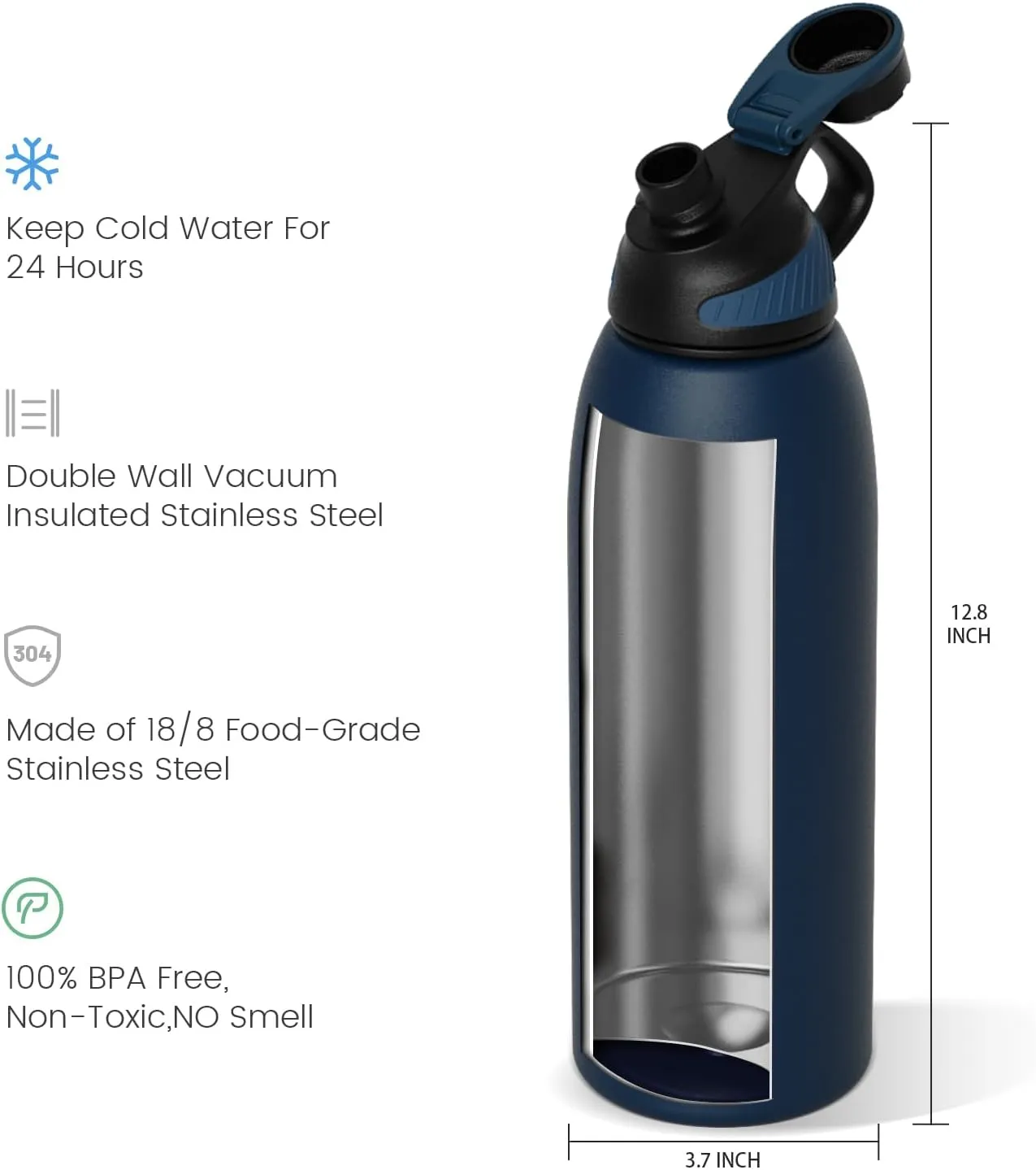 Stainless Steel Insulated Sports Water Bottle 50oz, BPA-Free, Double-Wall Vacuum, Magnetic Cap, No Straw, Cup Brush Included - Ideal Thermos for School, Fitness, and Outdoor Activities