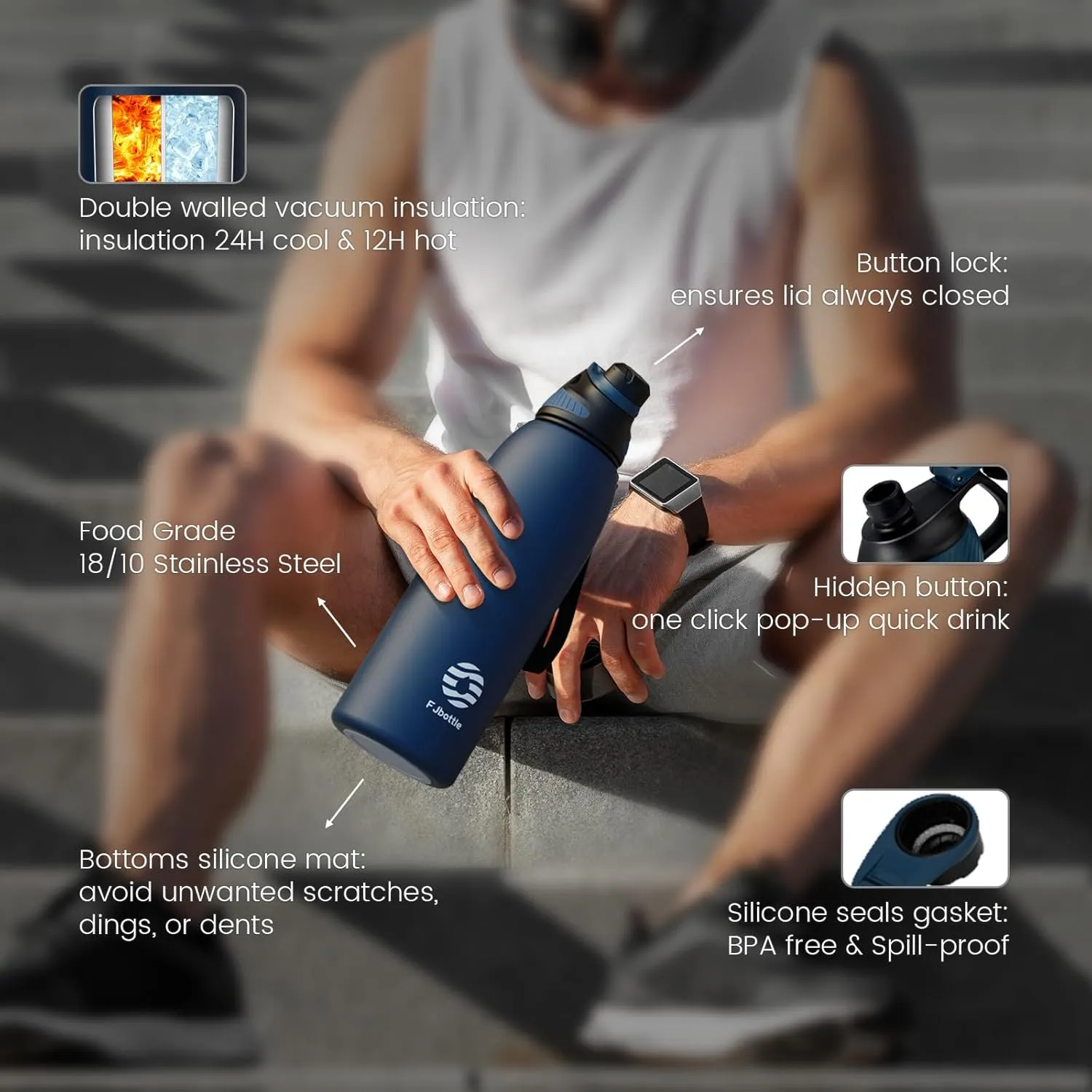 Stainless Steel Insulated Sports Water Bottle 50oz, BPA-Free, Double-Wall Vacuum, Magnetic Cap, No Straw, Cup Brush Included - Ideal Thermos for School, Fitness, and Outdoor Activities