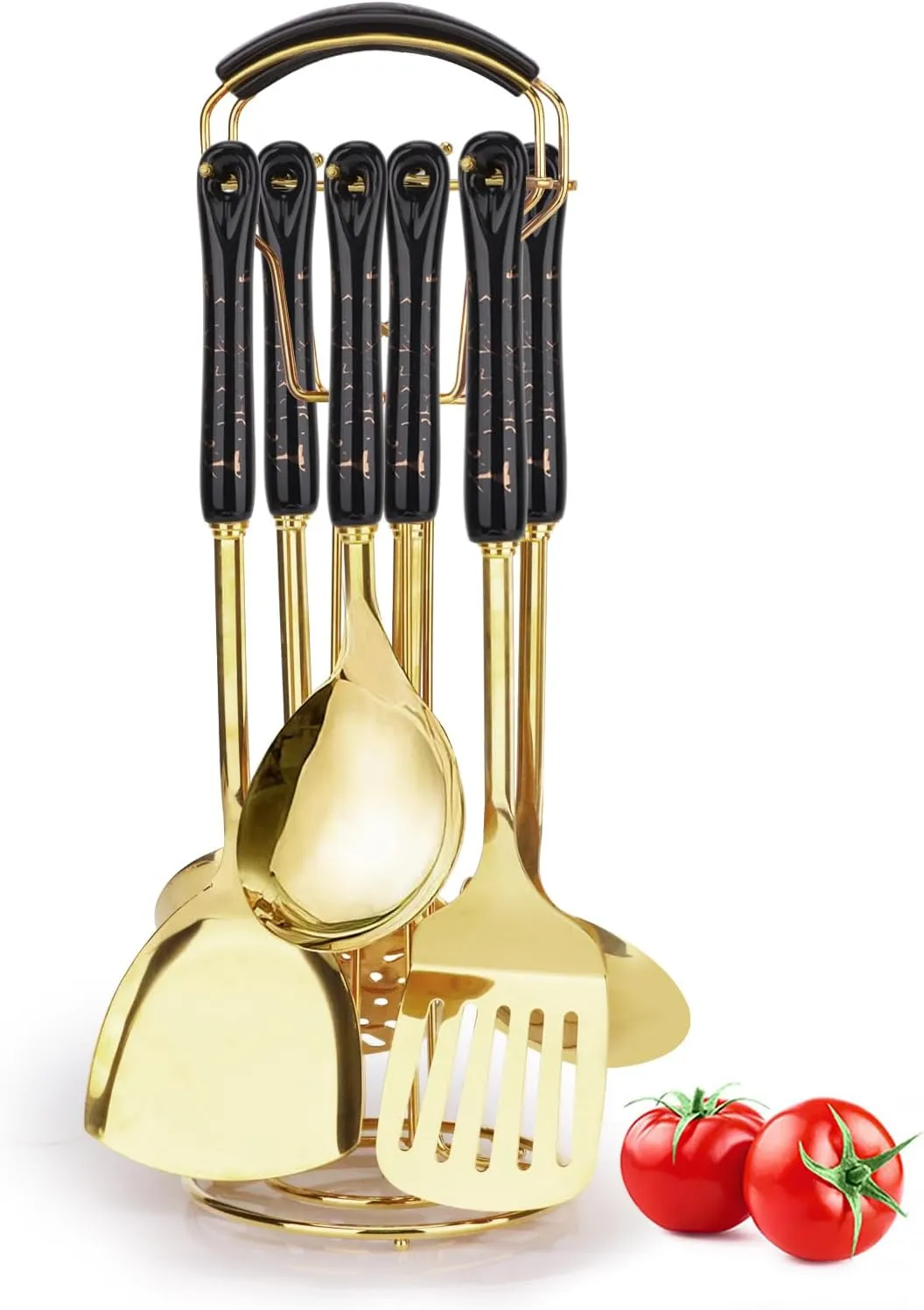Stainless Steel Kitchen Cooking Utensils Set, 7 Pcs Kitchenware Sets with Hanging Shelf, Gold Cookware Utensils with Ceramic Handle, Heat Resistant Gold Spatula Set Kitchen Accessories (Black)