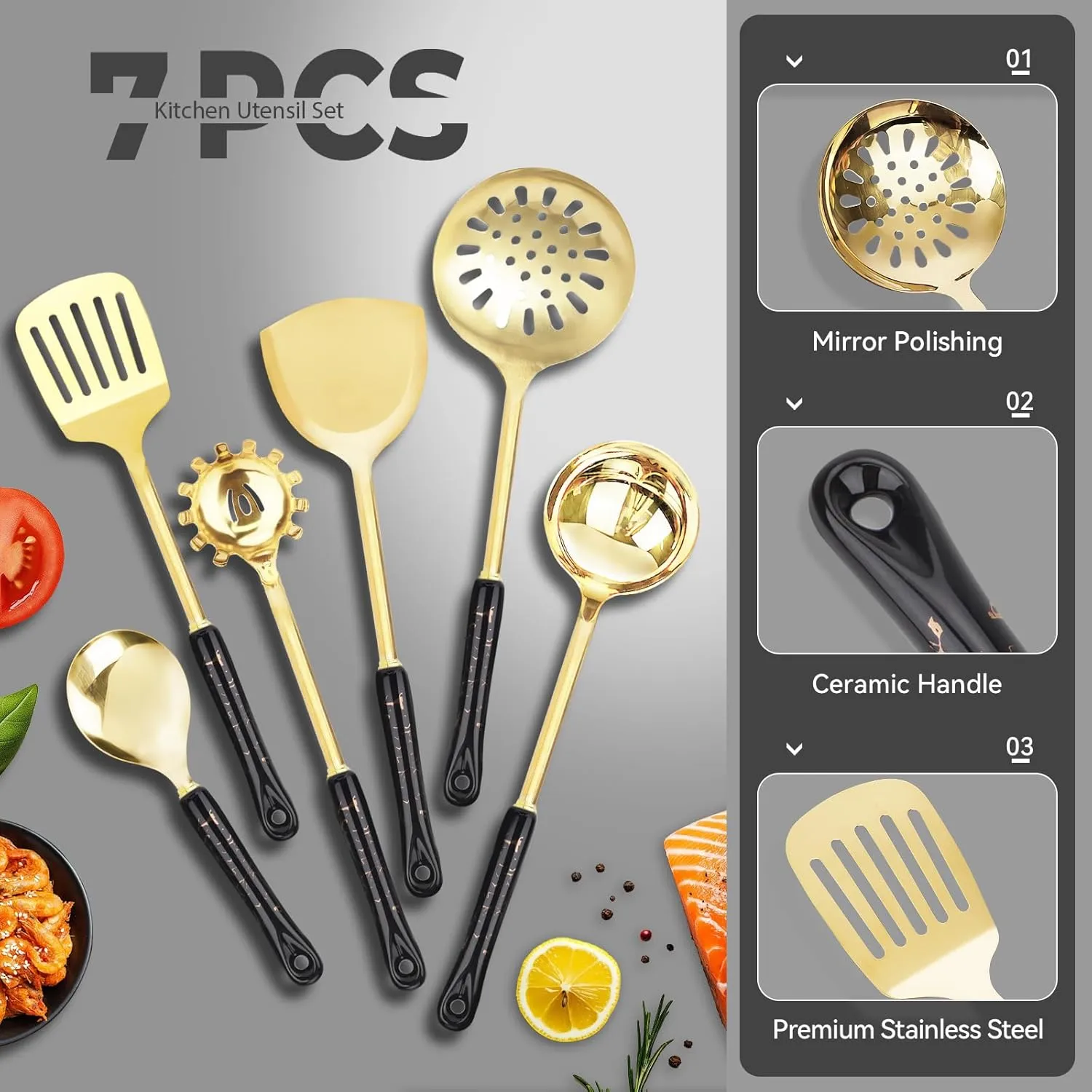 Stainless Steel Kitchen Cooking Utensils Set, 7 Pcs Kitchenware Sets with Hanging Shelf, Gold Cookware Utensils with Ceramic Handle, Heat Resistant Gold Spatula Set Kitchen Accessories (Black)