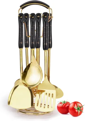 Stainless Steel Kitchen Cooking Utensils Set, 7 Pcs Kitchenware Sets with Hanging Shelf, Gold Cookware Utensils with Ceramic Handle, Heat Resistant Gold Spatula Set Kitchen Accessories (Black)