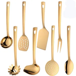 Stainless Steel Kitchen Utensil Set -8 Cooking Utensils, Colorful Titanium Plated Set Kitchen Tools Gadgets Cake Shovels/Plain Spatula, Potato Masher, Spoon, Slotted Spoon-Gold