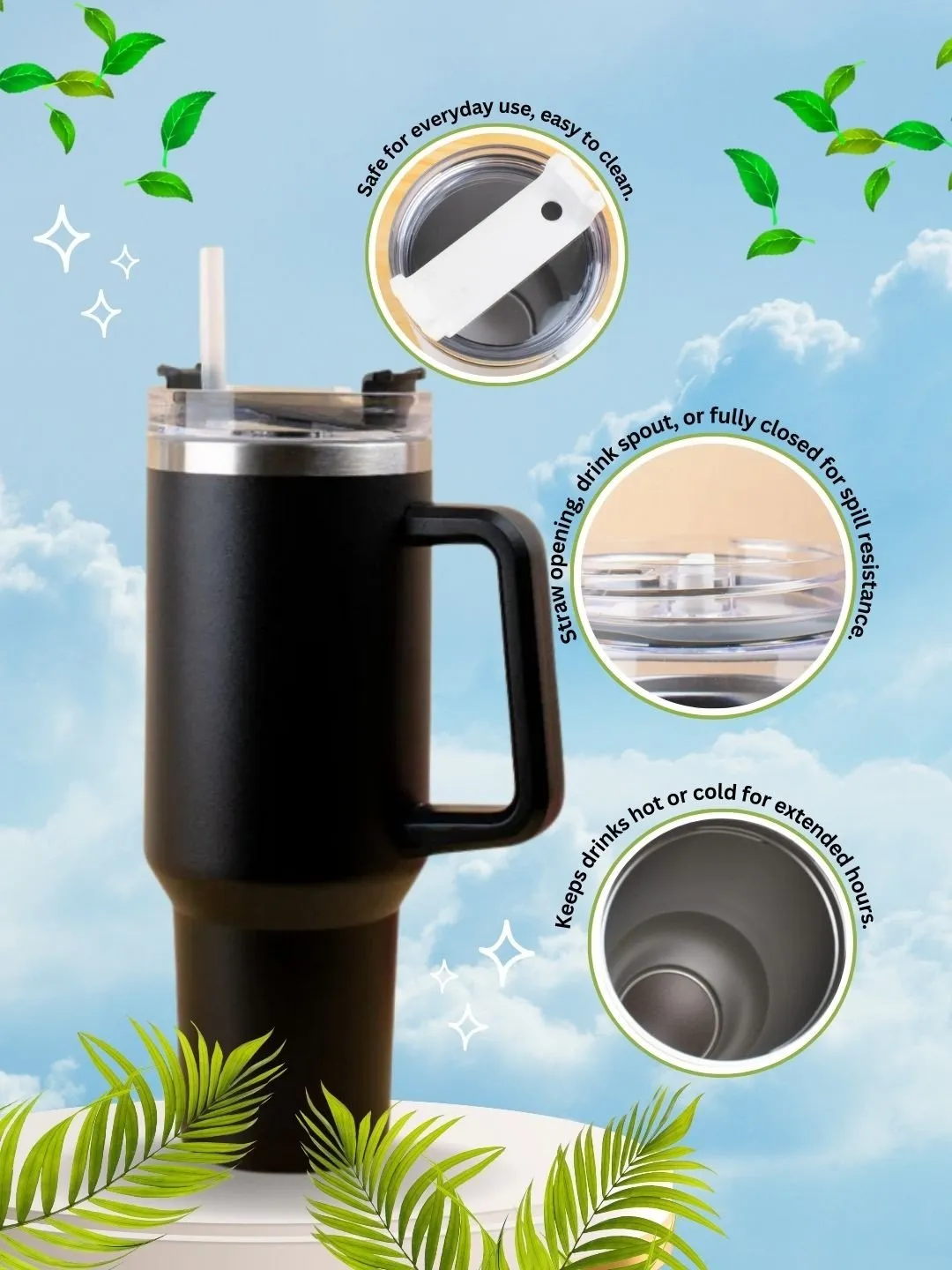 Stainless Steel Tumbler with Handle and Straw Lid – 1225ml- Black