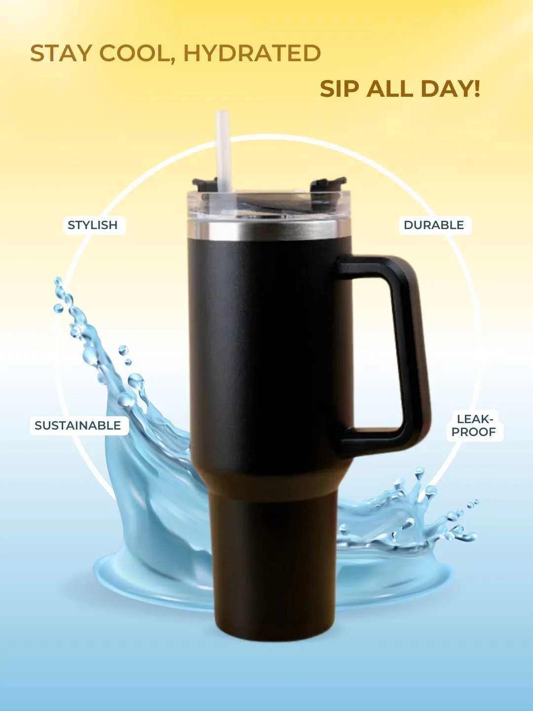 Stainless Steel Tumbler with Handle and Straw Lid – 1225ml- Black