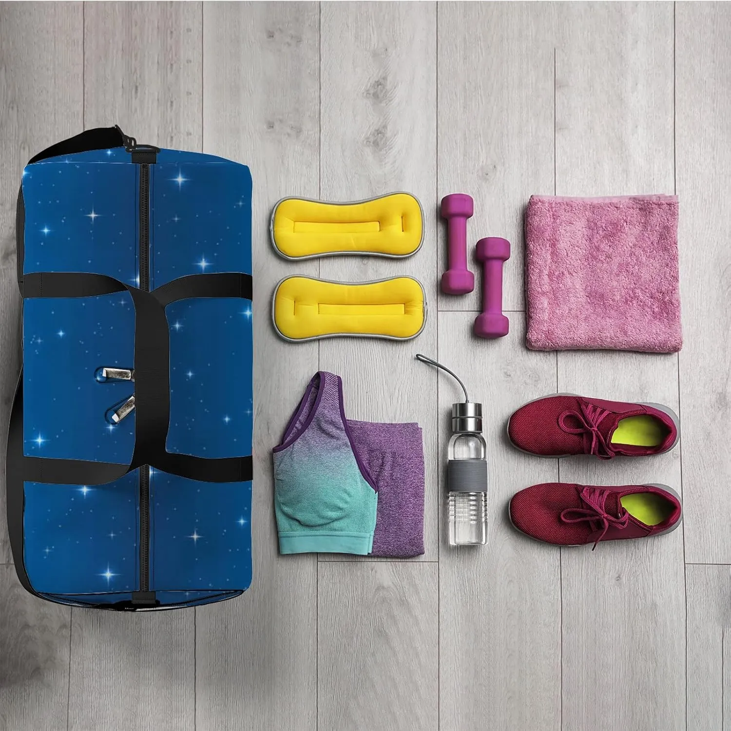 Stars Twinkle In The Blue Sky Sports Bag Tote Bag Waterproof Gym Bag with Shoulder Strap Zipper 2 Side Pockets for Men and Women, Travel and Storage Shoulder Bag.