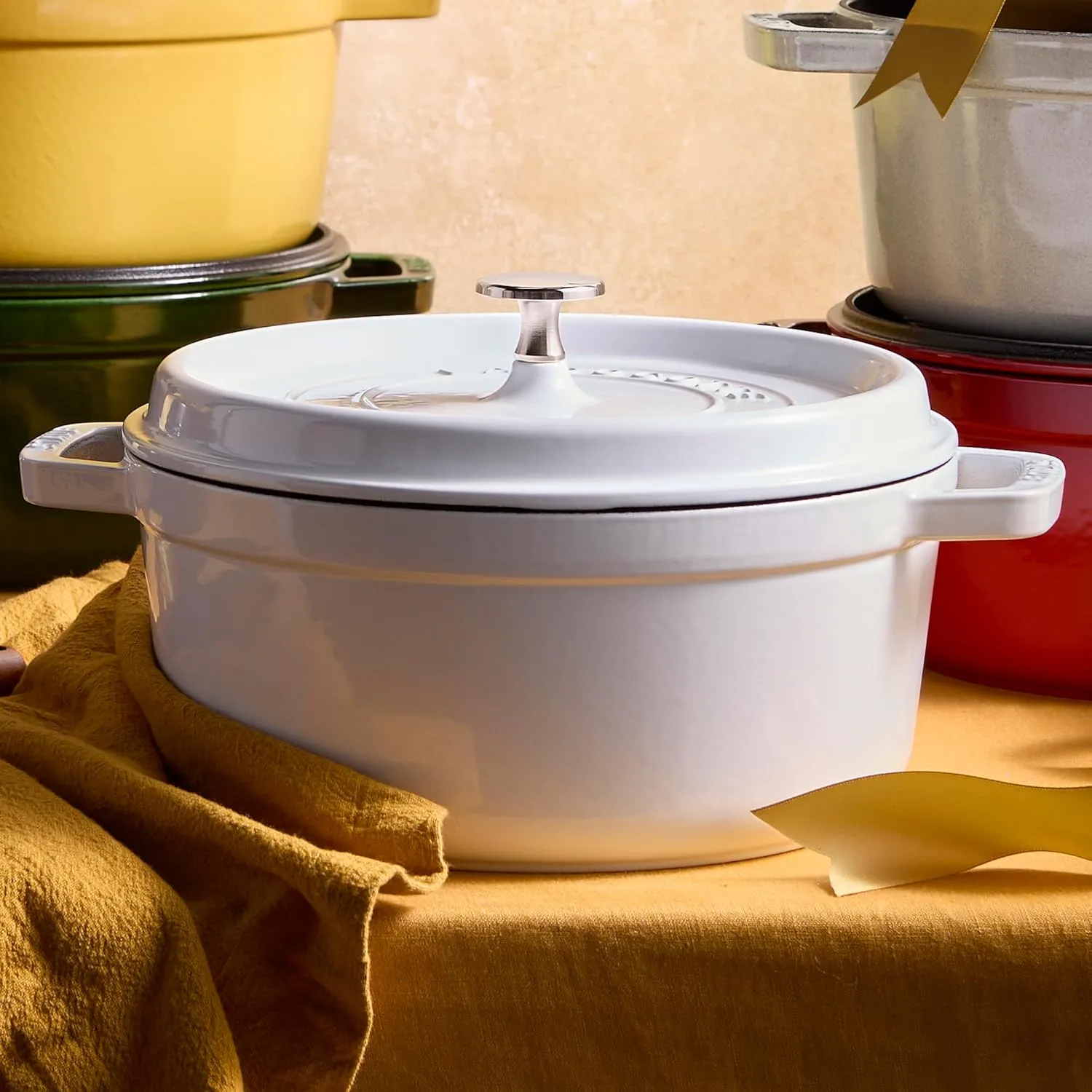 STAUB Cast Iron Dutch Oven 4-qt Round Cocotte, Made in France, Serves 3-4, White