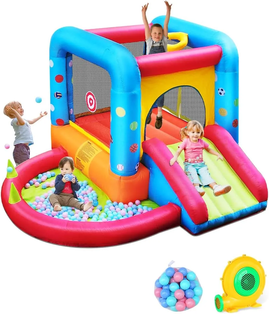 Step4Fun Inflatable Bounce House, Kids Castle Slide Bouncer for Children Jumping Outdoor and Indoor Party, Baby Backyard Water Jumper Toy with Blower, Ball Pit Pool, Ideal Gifts（112 x 98 x 65”）