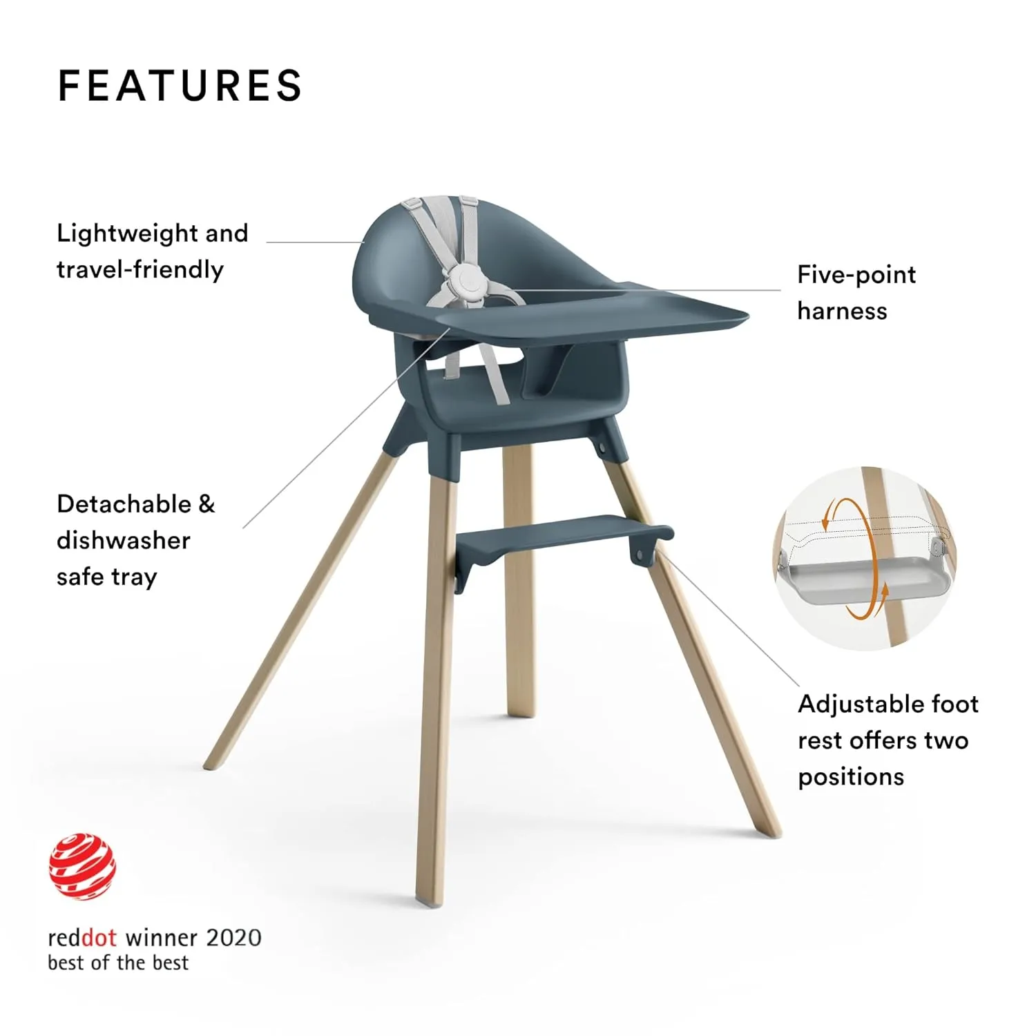 Stokke Clikk High Chair, Fjord Blue - All-in-One High Chair with Tray   Harness - Light, Durable & Travel Friendly - Ergonomic with Adjustable Features - Best for 6-36 Months or Up to 33 lbs
