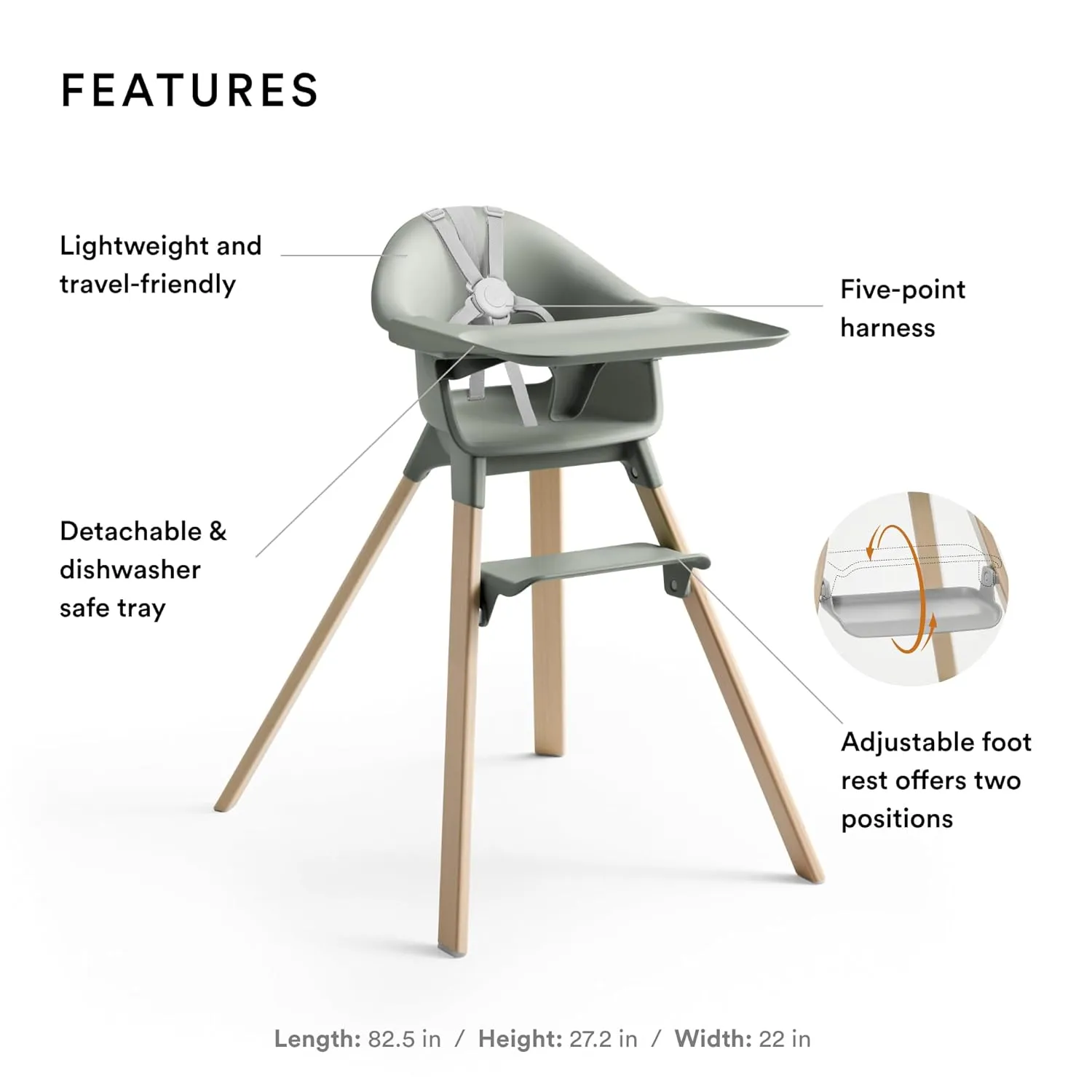 Stokke Clikk High Chair, Glacier Green - All-in-One High Chair with Tray   Harness - Light, Durable & Travel Friendly - Ergonomic with Adjustable Features - Best for 6-36 Months or Up to 33 lbs