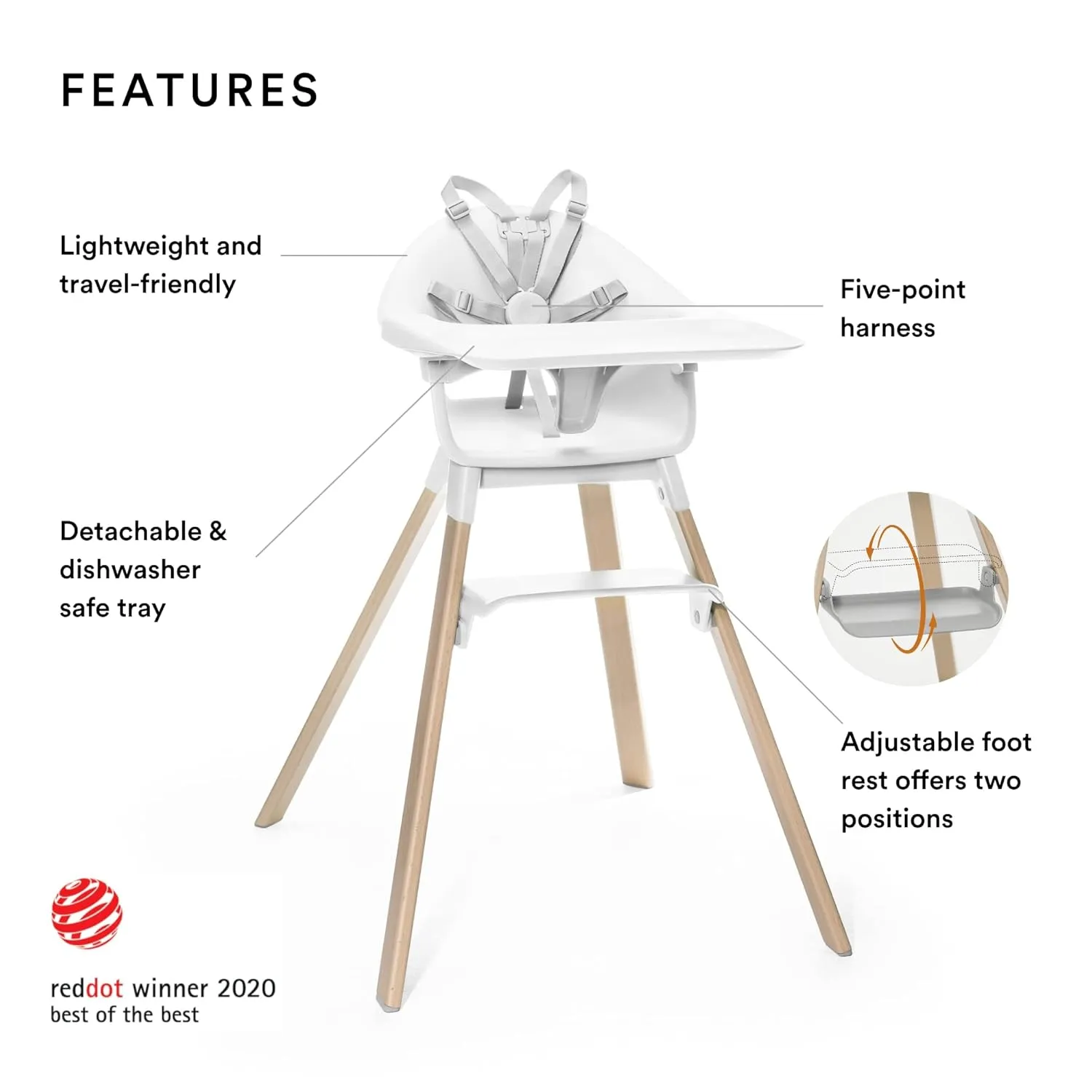 Stokke Clikk High Chair, White - All-in-One High Chair with Tray   Harness - Light, Durable & Travel Friendly - Ergonomic with Adjustable Features - Best for 6-36 Months or Up to 33 lbs