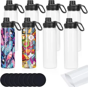 Sublimation Sports Water Bottle Blanks Bulk, 22 oz Sublimation Tumblers, Stainless Steel Double Wall Insulated Sublimation Cups with Portable Handle, Individually Boxed (8 Pack)