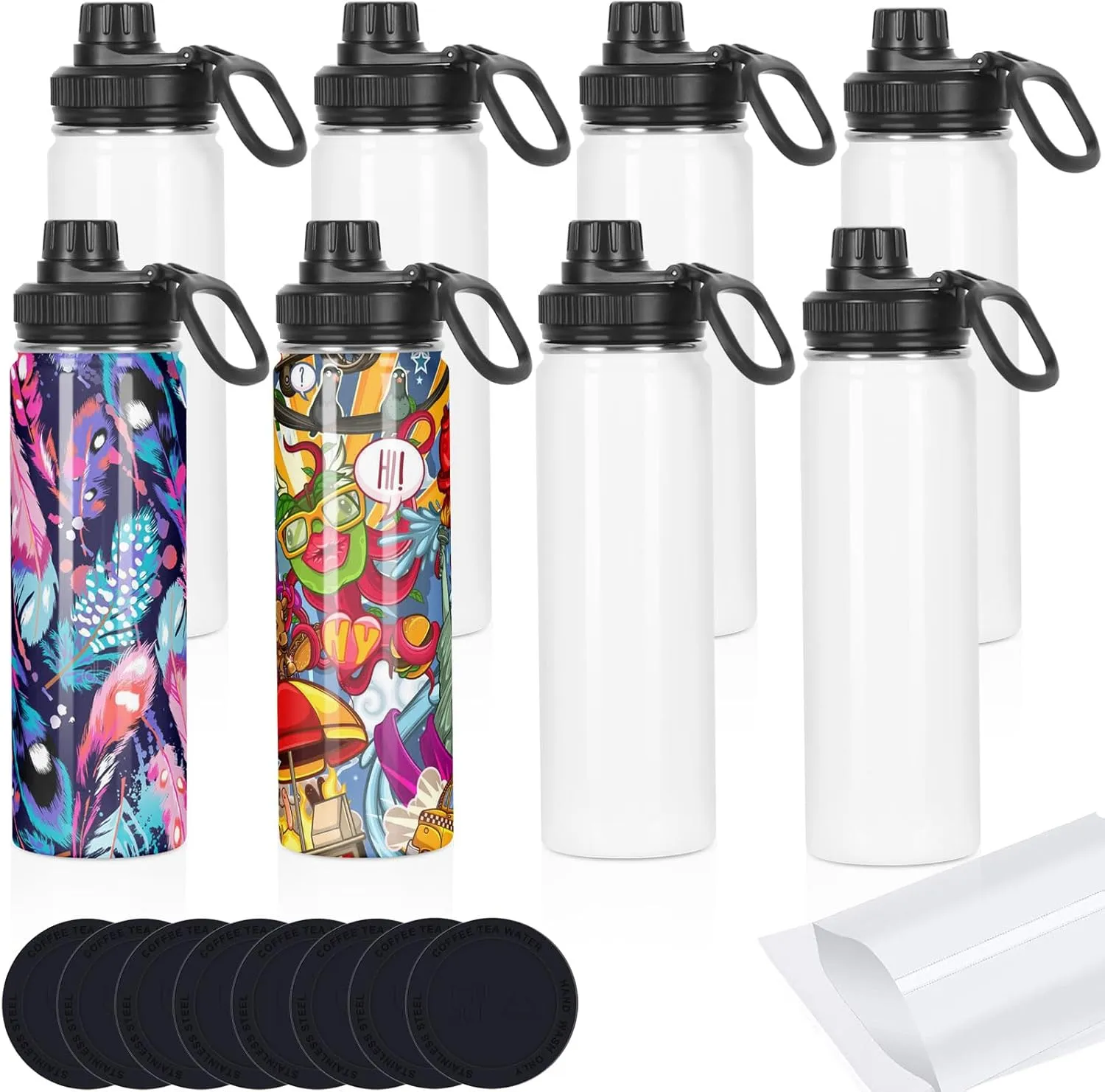 Sublimation Sports Water Bottle Blanks Bulk, 22 oz Sublimation Tumblers, Stainless Steel Double Wall Insulated Sublimation Cups with Portable Handle, Individually Boxed (8 Pack)