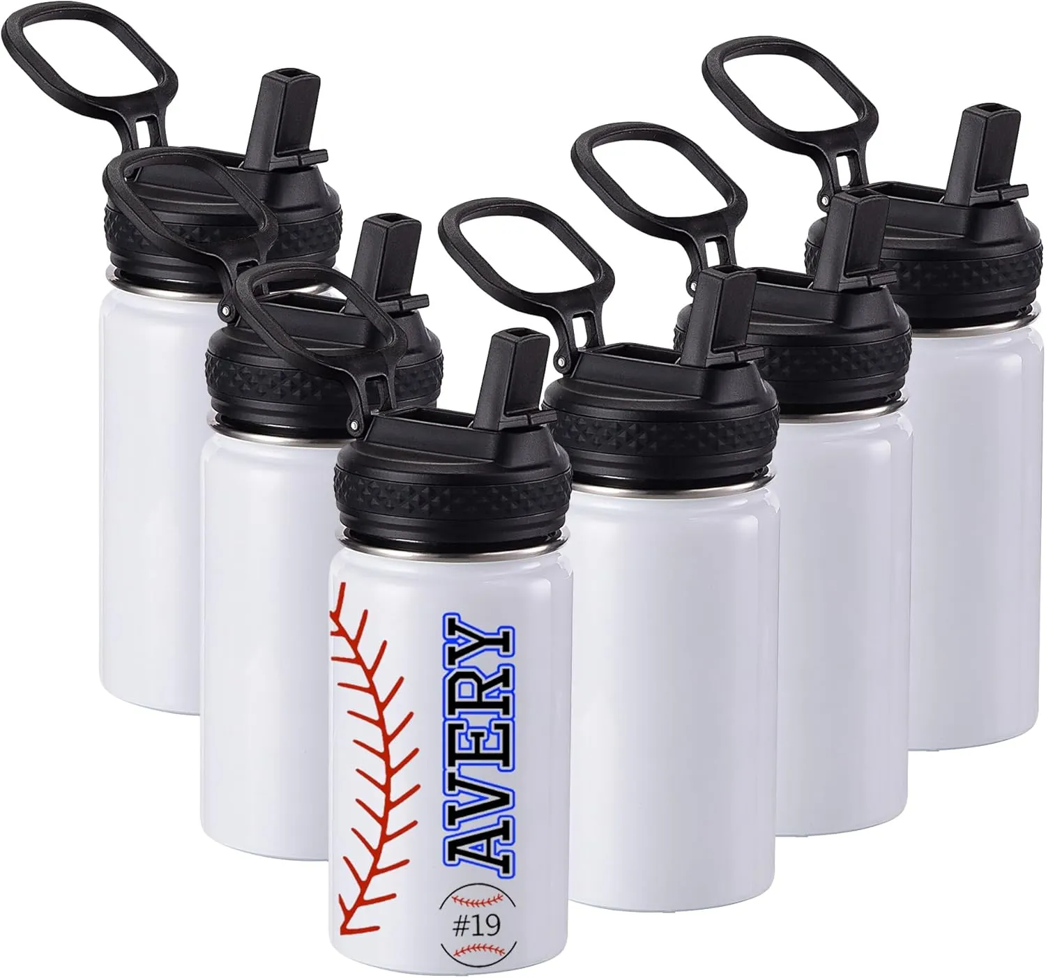Sublimation Water Bottles Blanks Bulk, 6 Pack 12oz Personalized Insulated Water Bottle with Straw Lid & Handle, Leak Proof DIY Gift for Sports Travel Camping, White