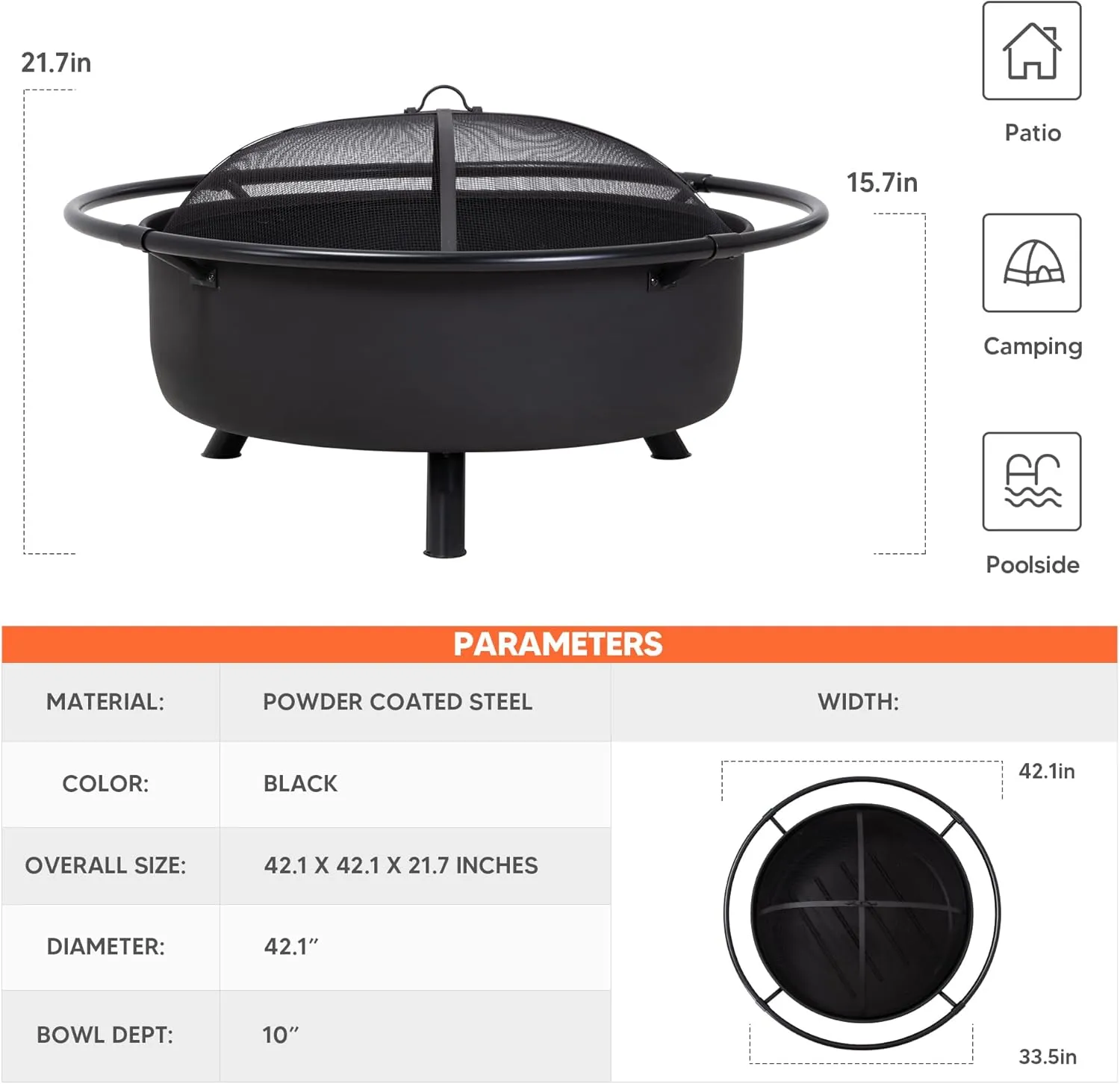 SUNCREAT 42" Outdoor Portable Fire Pit with Spark Screen, Fire Poker, Wood Burning Patio Fire Pit with Protective Ring, Black