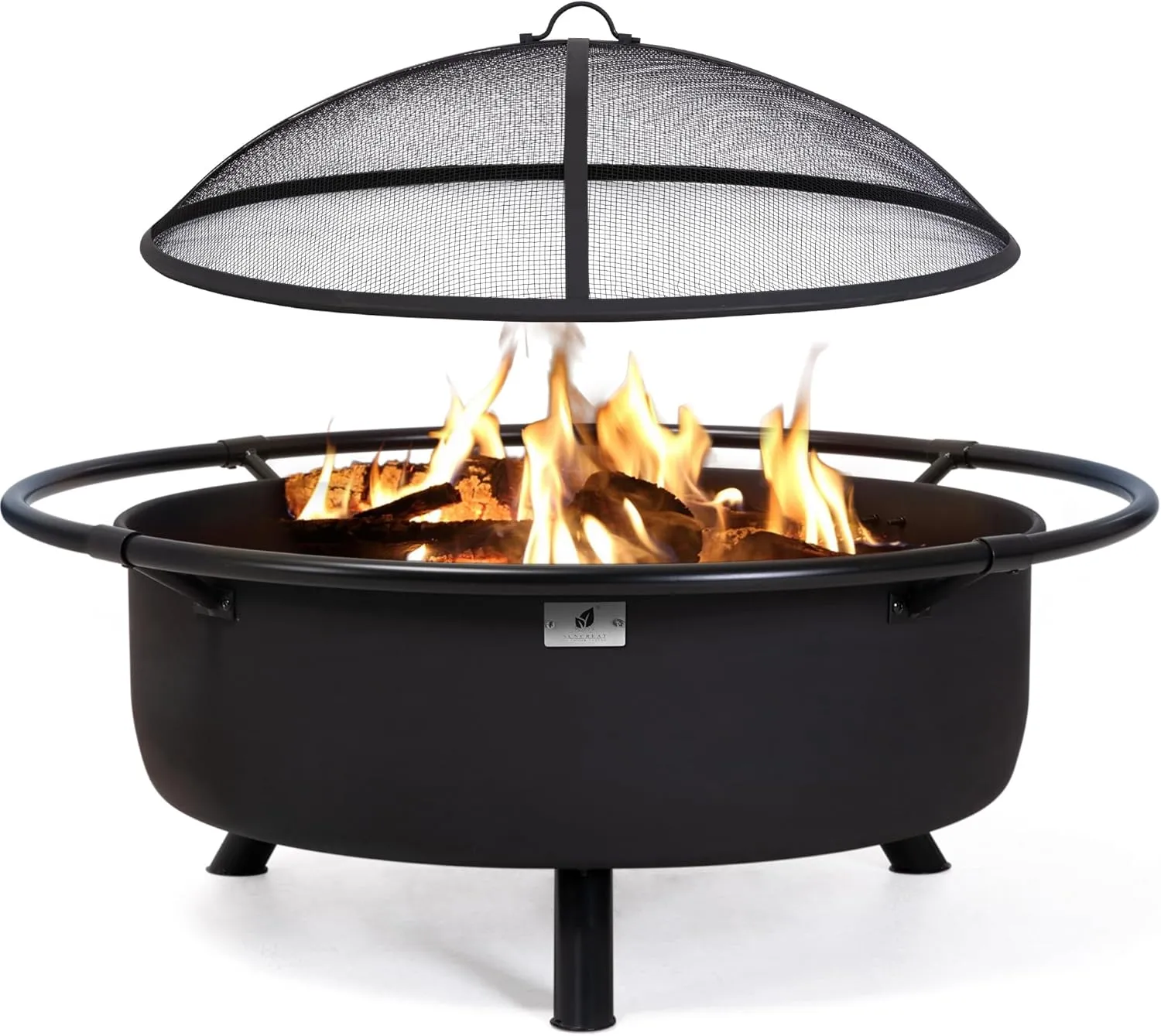 SUNCREAT 42" Outdoor Portable Fire Pit with Spark Screen, Fire Poker, Wood Burning Patio Fire Pit with Protective Ring, Black