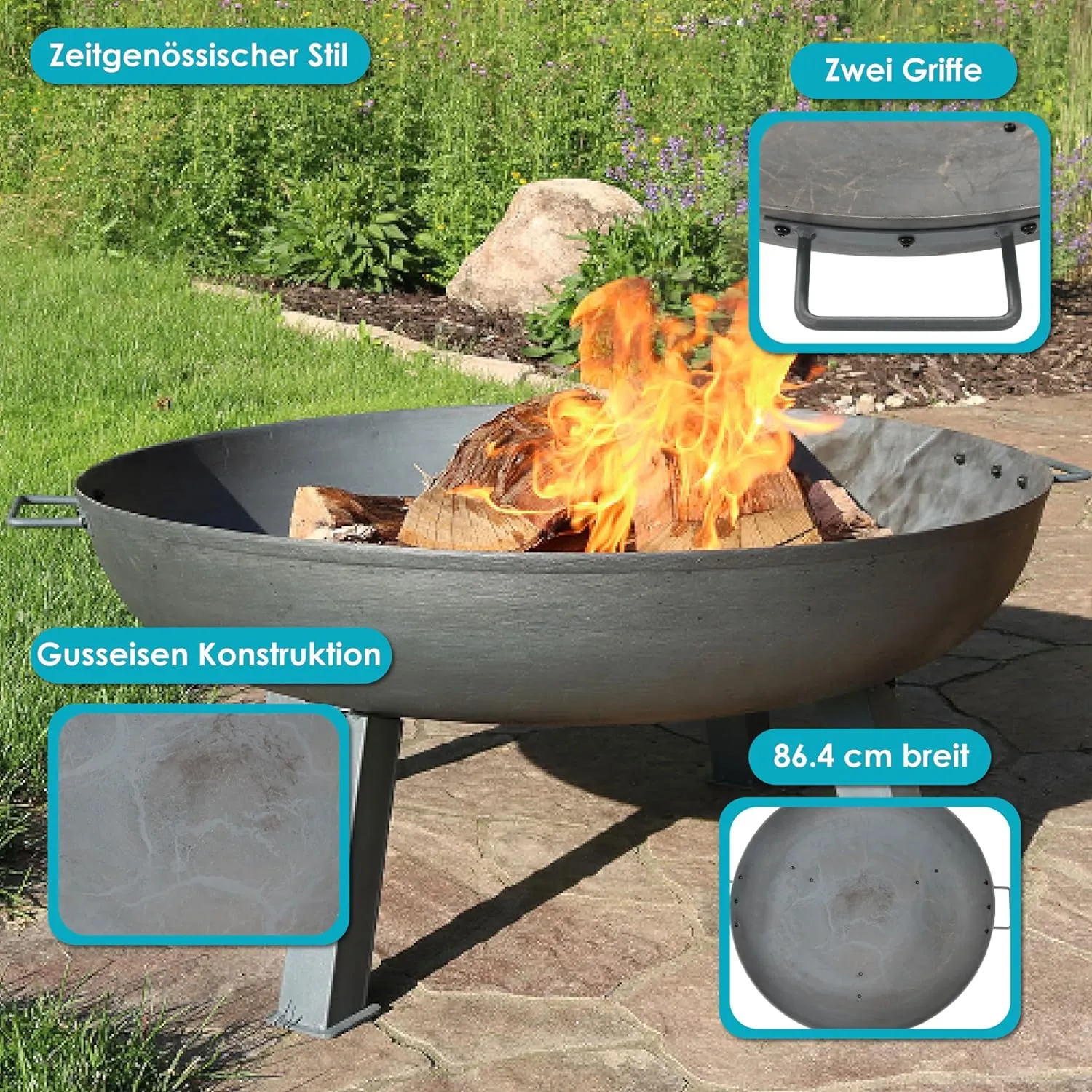 Sunnydaze 34-Inch Cast Iron Heavy-Duty Fire Pit for Outside - Wood-Burning Outdoor Fire Pit Bowl with Handles - Steel Finish