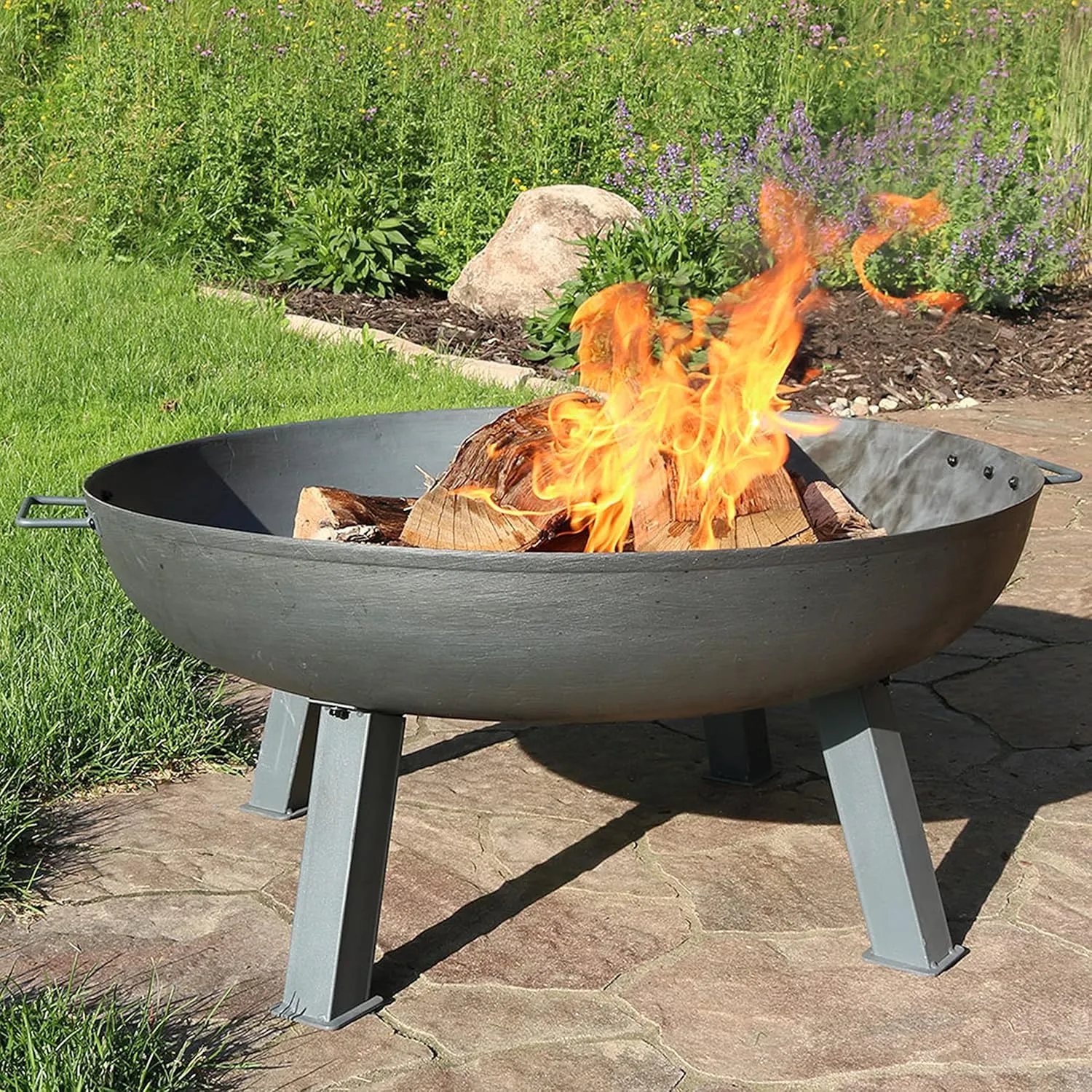 Sunnydaze 34-Inch Cast Iron Heavy-Duty Fire Pit for Outside - Wood-Burning Outdoor Fire Pit Bowl with Handles - Steel Finish