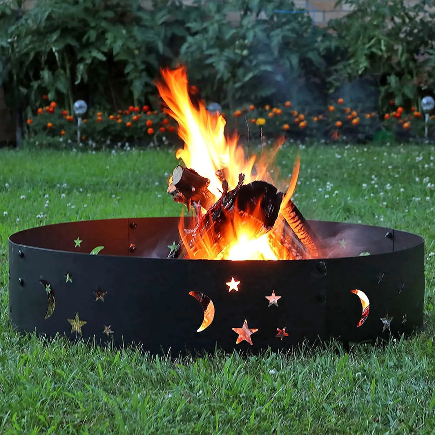 Sunnydaze 36-Inch Outdoor Fire Pit Ring - Heavy-Duty Portable Metal Fire Ring - 360-Degree Moons and Stars Cutout - Big Sky