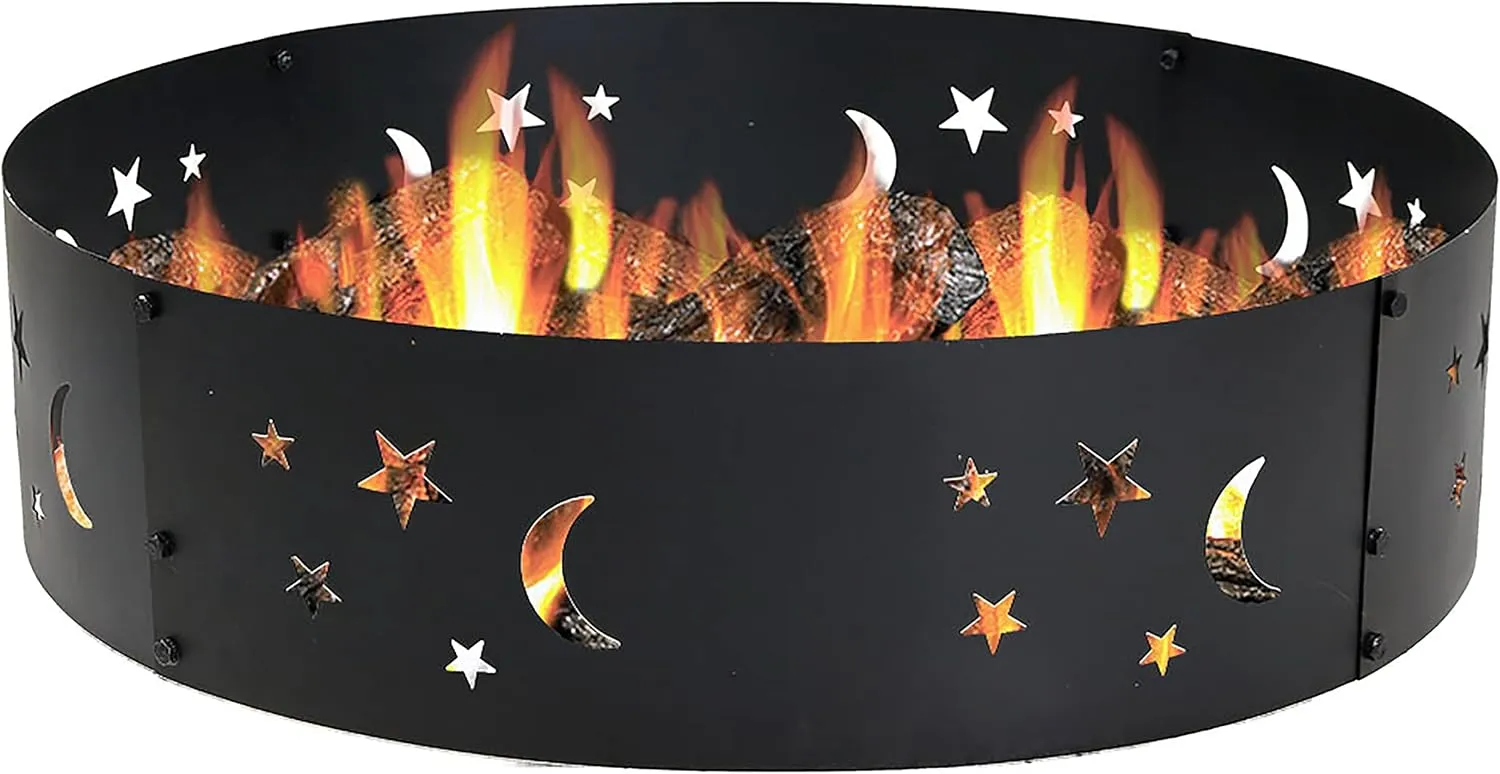 Sunnydaze 36-Inch Outdoor Fire Pit Ring - Heavy-Duty Portable Metal Fire Ring - 360-Degree Moons and Stars Cutout - Big Sky