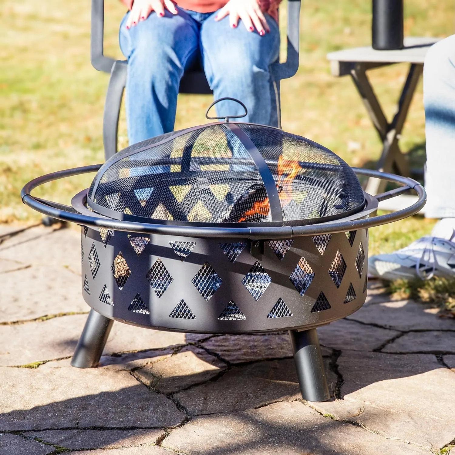 Sunnydaze Crossweave Outdoor Fire Pit - Wood-Burning Fire Pit for Outside with Spark Screen, Poker and Round Cover - 30-Inch - Black