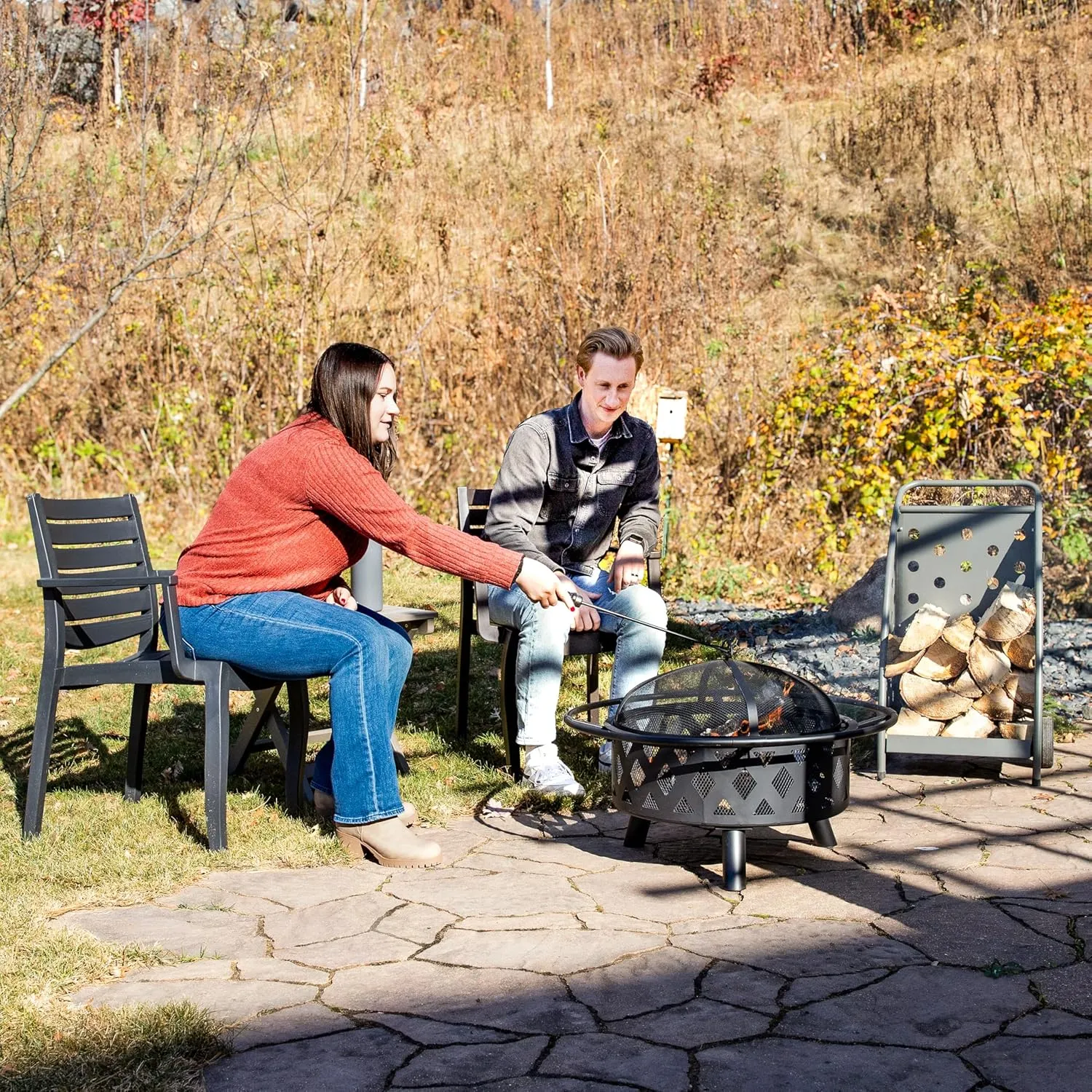 Sunnydaze Crossweave Outdoor Fire Pit - Wood-Burning Fire Pit for Outside with Spark Screen, Poker and Round Cover - 30-Inch - Black