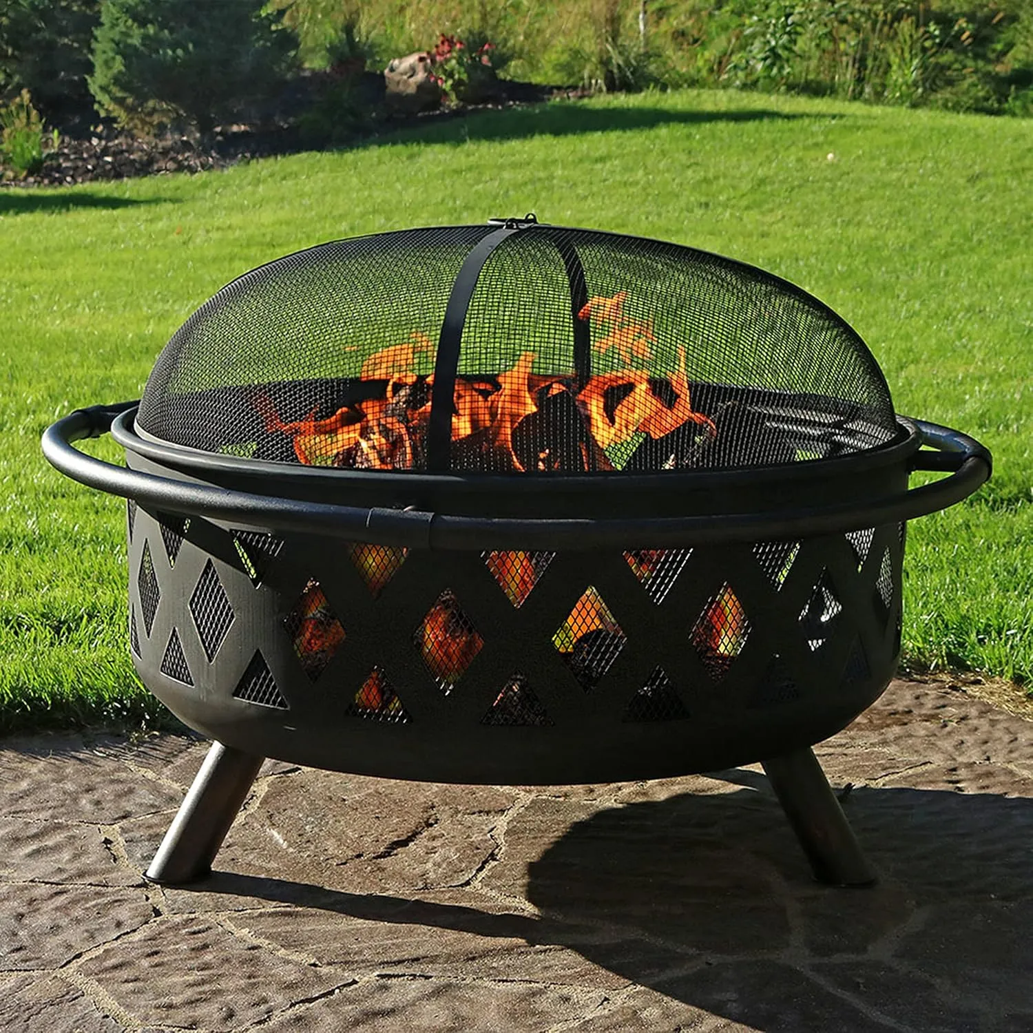 Sunnydaze Crossweave Outdoor Fire Pit - Wood-Burning Fire Pit for Outside with Spark Screen, Poker and Round Cover - 36-Inch - Black