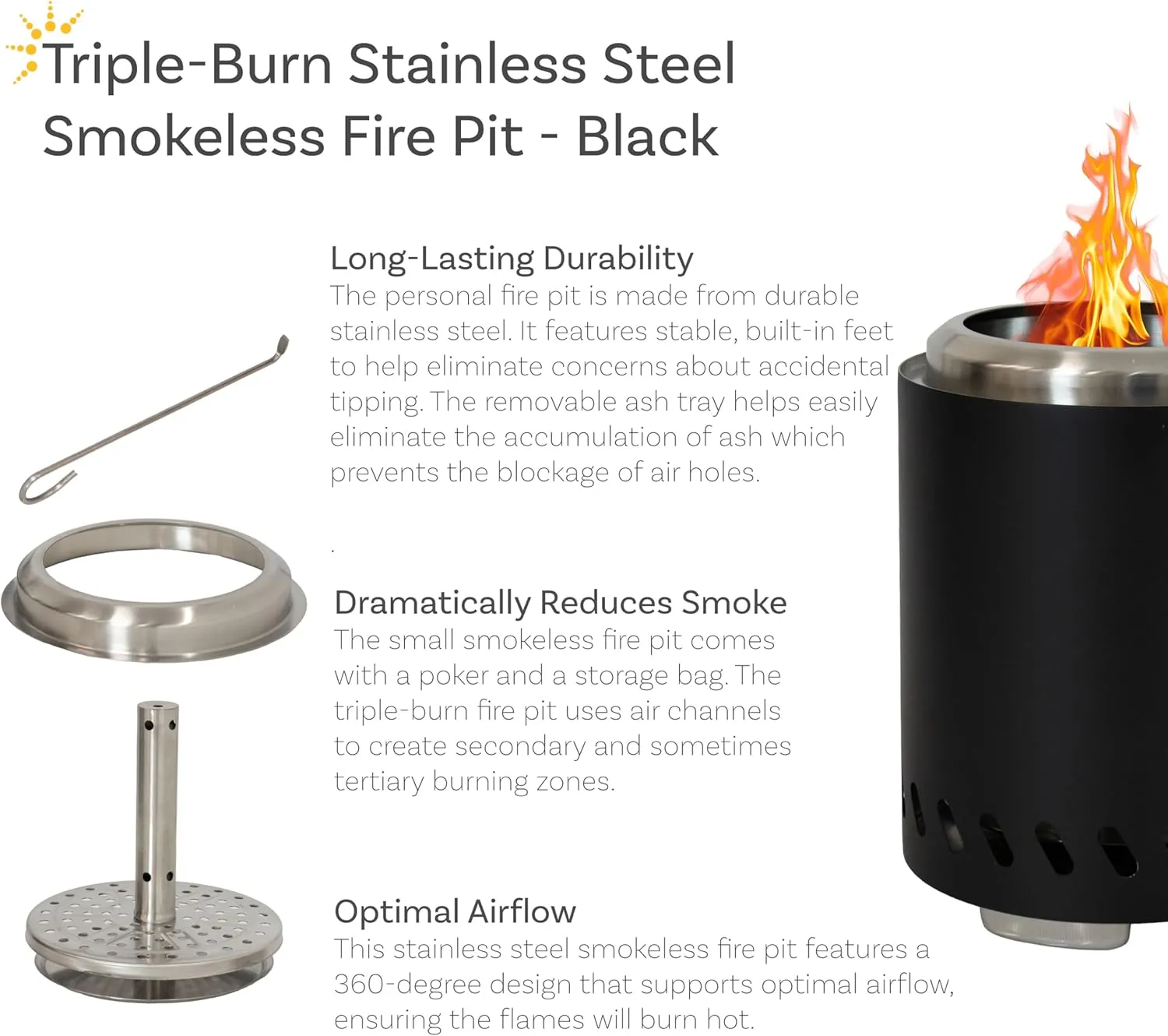 Sunnydaze Tabletop Smokeless Fire Pit with Storage Bag and Poker - Triple Burn - Pellet or Wood Burning - 9.75" H - Black