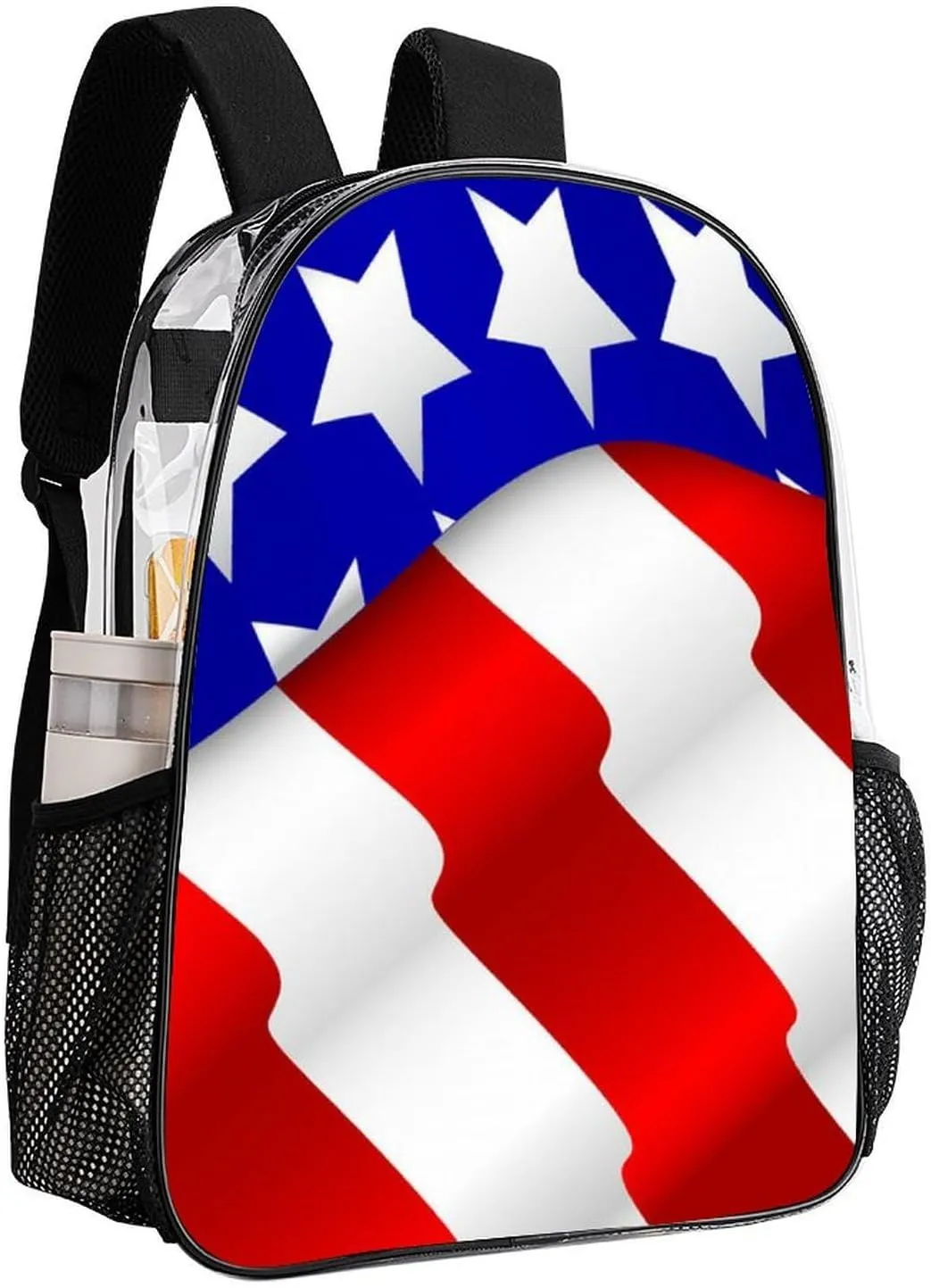 Supdreamc Adults Lightweight Red Blue White American Flag Rucksacks Large Capacity Bookbag Transparent Bag for Trekking Outdoors Bicycle