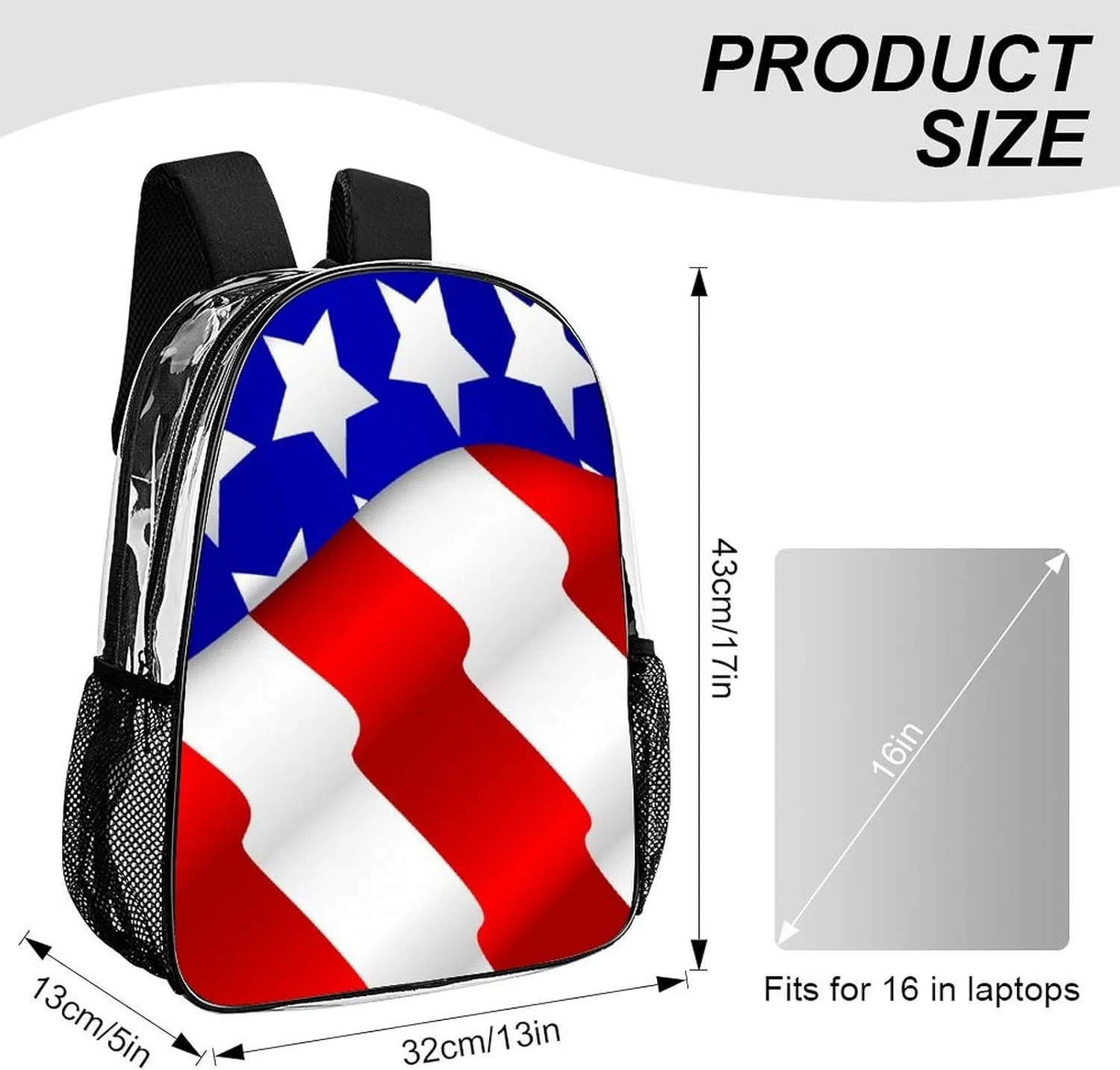 Supdreamc Adults Lightweight Red Blue White American Flag Rucksacks Large Capacity Bookbag Transparent Bag for Trekking Outdoors Bicycle