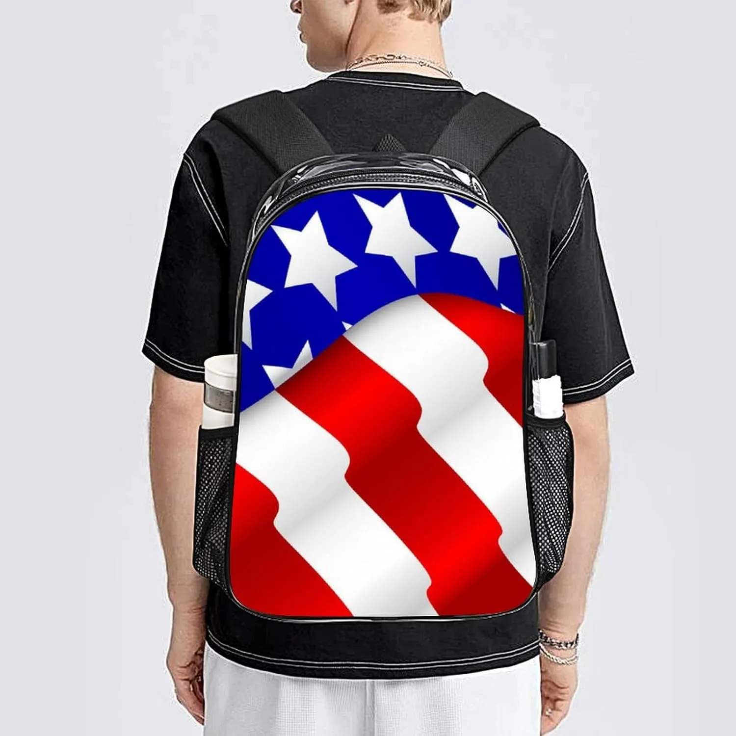 Supdreamc Adults Lightweight Red Blue White American Flag Rucksacks Large Capacity Bookbag Transparent Bag for Trekking Outdoors Bicycle