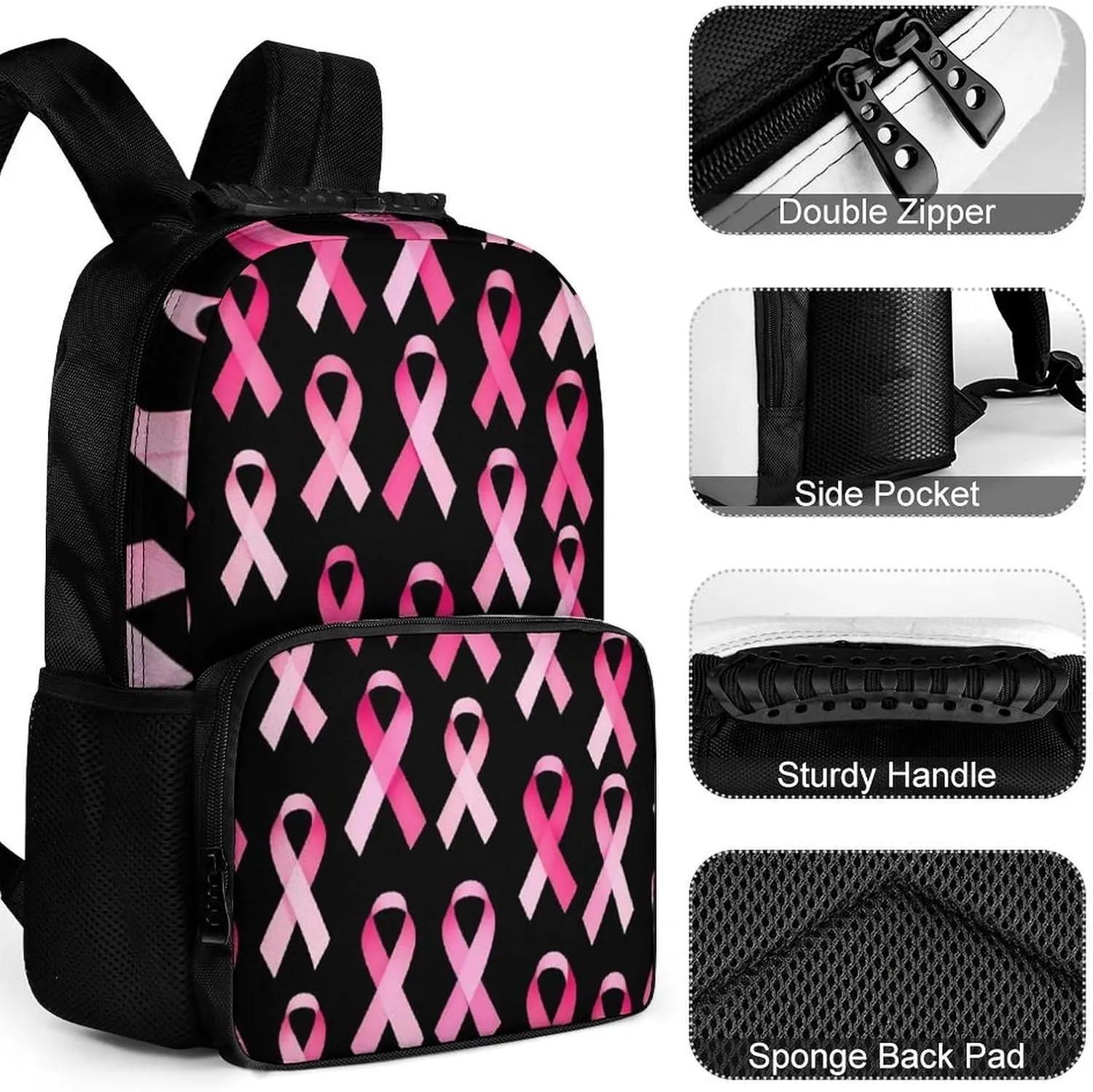 Supdreamc Breast Cancer Awareness Ribbons Pink Rucksack Polyester Anti-Theft Multipurpose Bookbag Big Capacity Travel and Sport Backpack Rucksack With Side Pockets