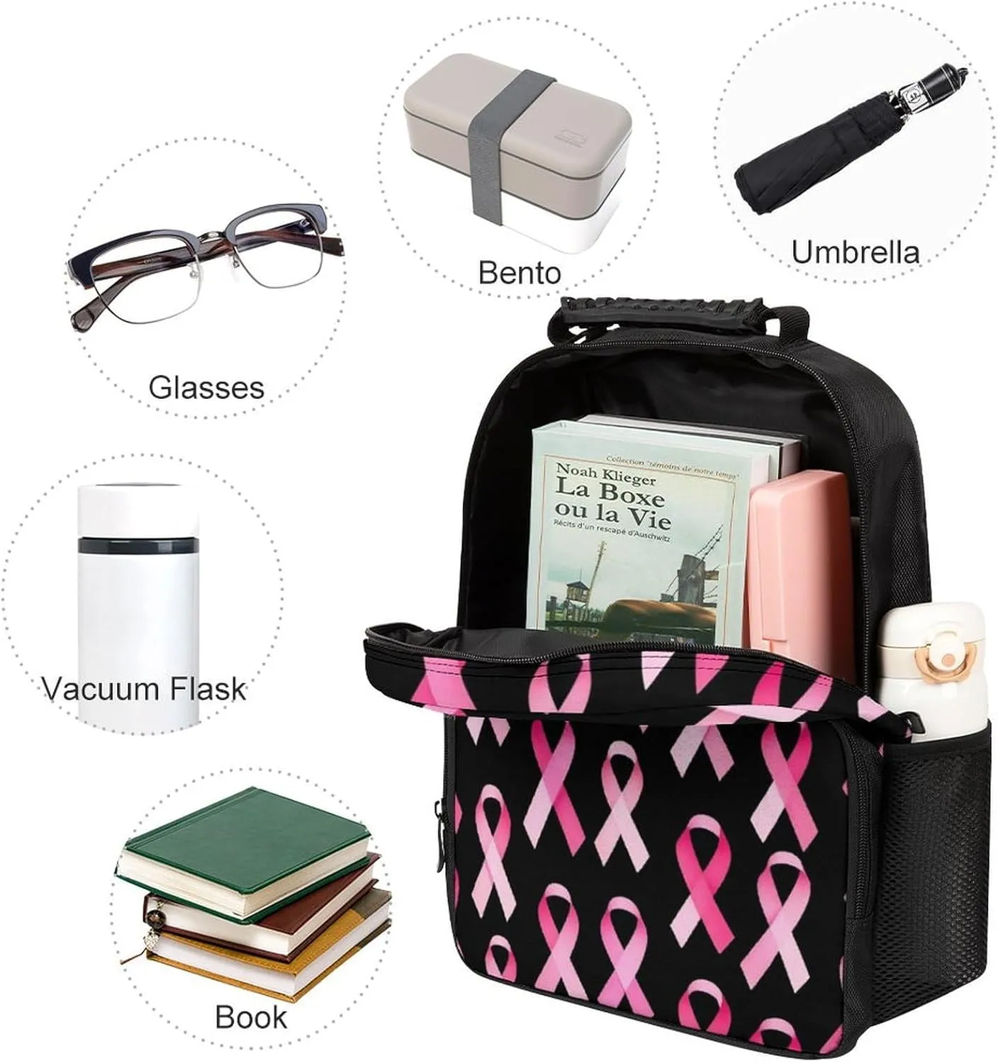 Supdreamc Breast Cancer Awareness Ribbons Pink Rucksack Polyester Anti-Theft Multipurpose Bookbag Big Capacity Travel and Sport Backpack Rucksack With Side Pockets