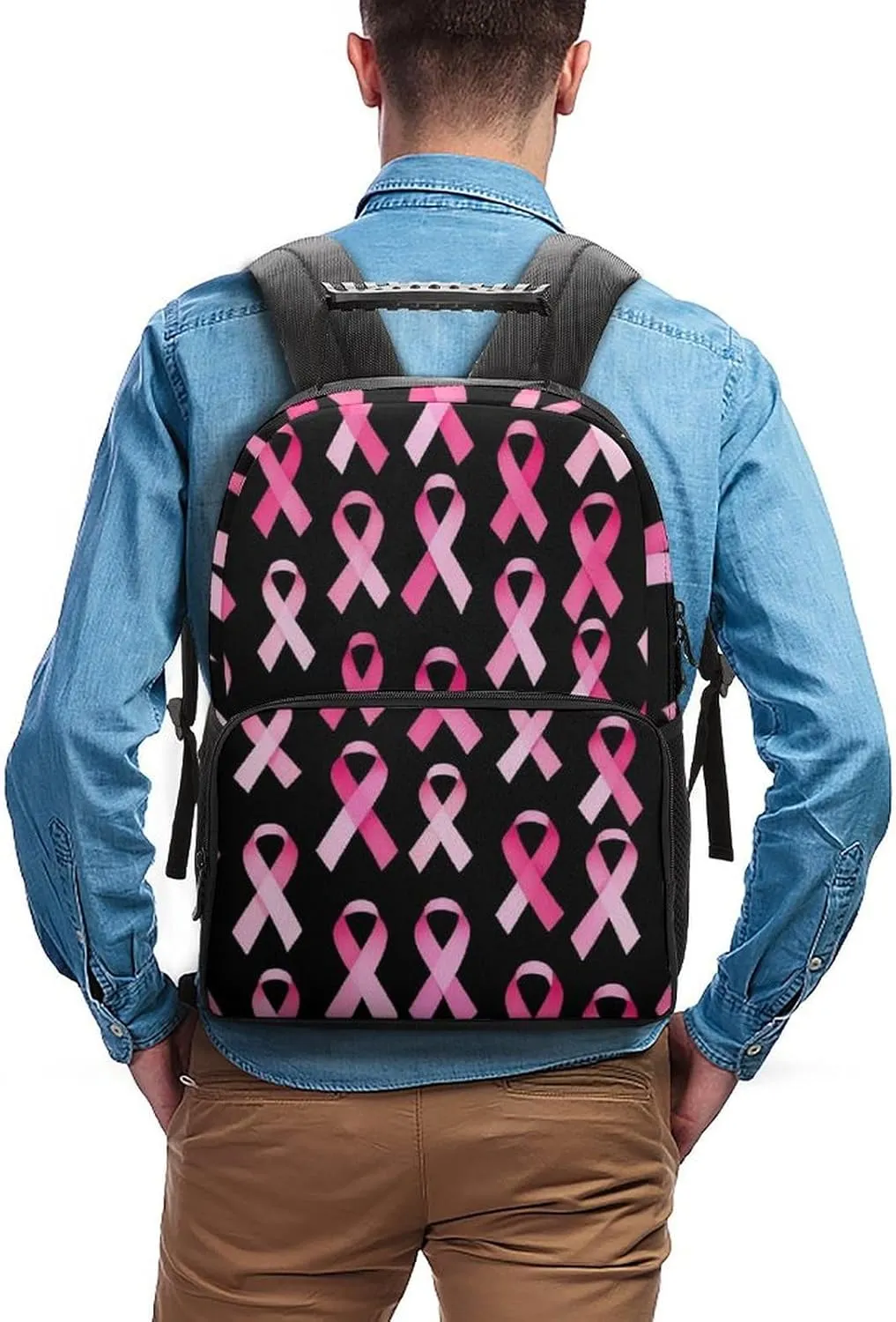 Supdreamc Breast Cancer Awareness Ribbons Pink Rucksack Polyester Anti-Theft Multipurpose Bookbag Big Capacity Travel and Sport Backpack Rucksack With Side Pockets