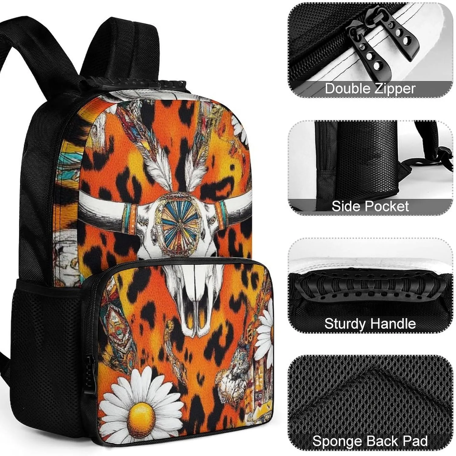 Supdreamc Cow Skull Leopard Print Daisy Western Floral Rucksack Polyester Anti-Theft Multipurpose Carry On Bag Large Capacity Travel and Sport Backpack Rucksack With Smooth Zippers